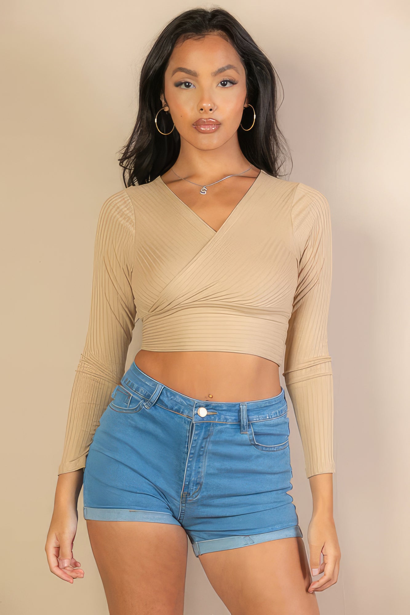 Women's Ribbed Wrap Front Top Long Sleeve Cropped T-Shirt Soft Stretch V-Neck