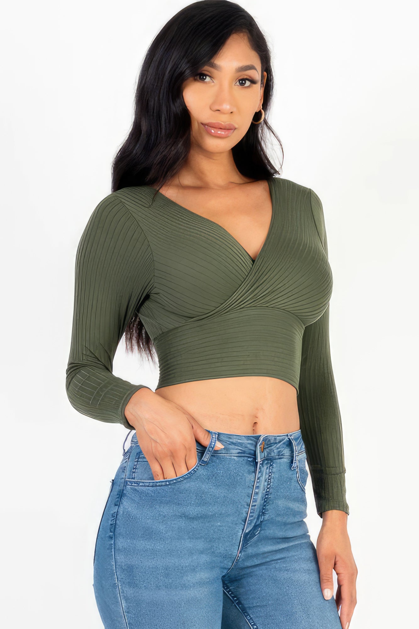 Women's Ribbed Wrap Front Top Long Sleeve Cropped T-Shirt Soft Stretch V-Neck