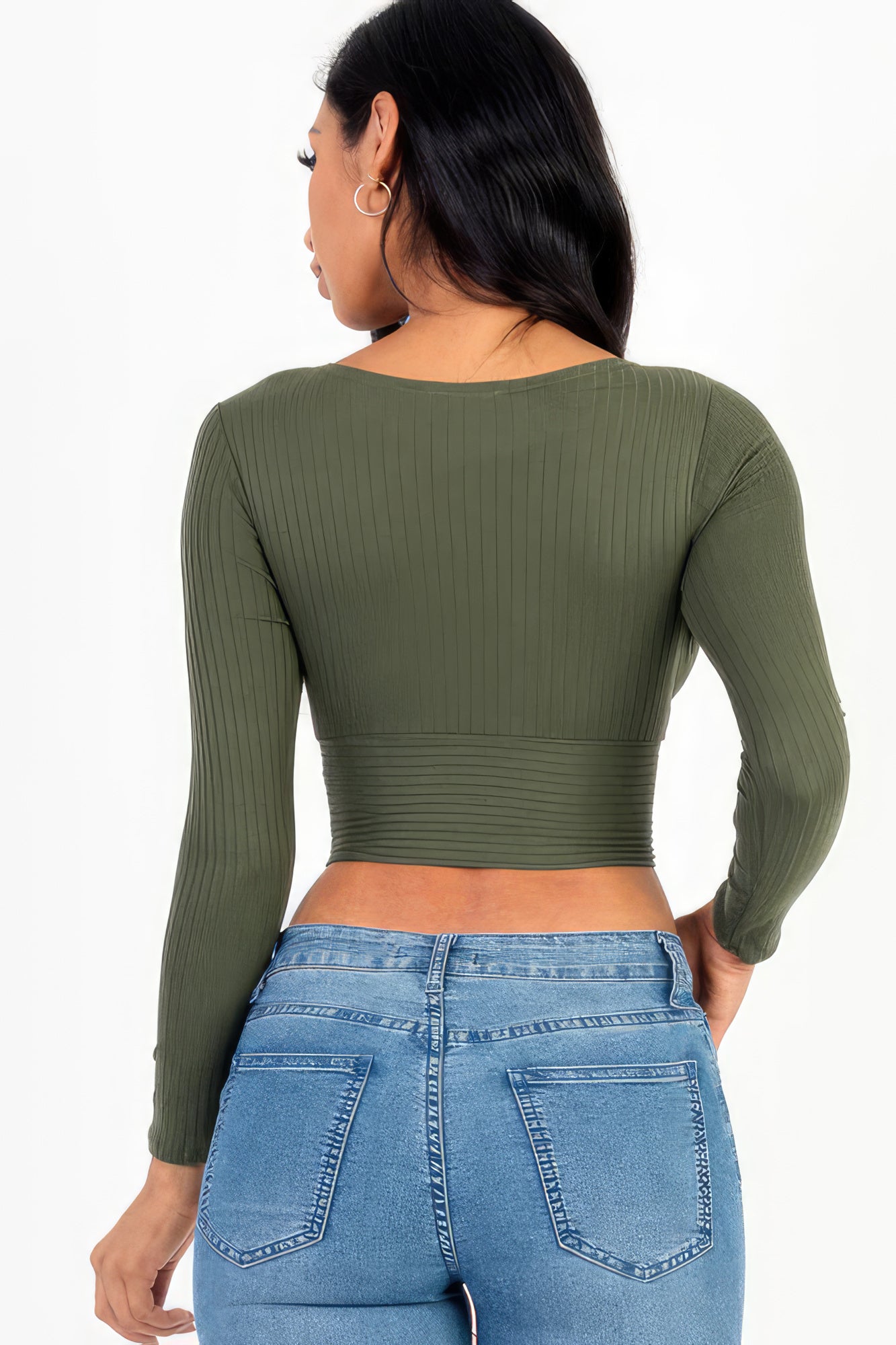 Women's Ribbed Wrap Front Top Long Sleeve Cropped T-Shirt Soft Stretch V-Neck