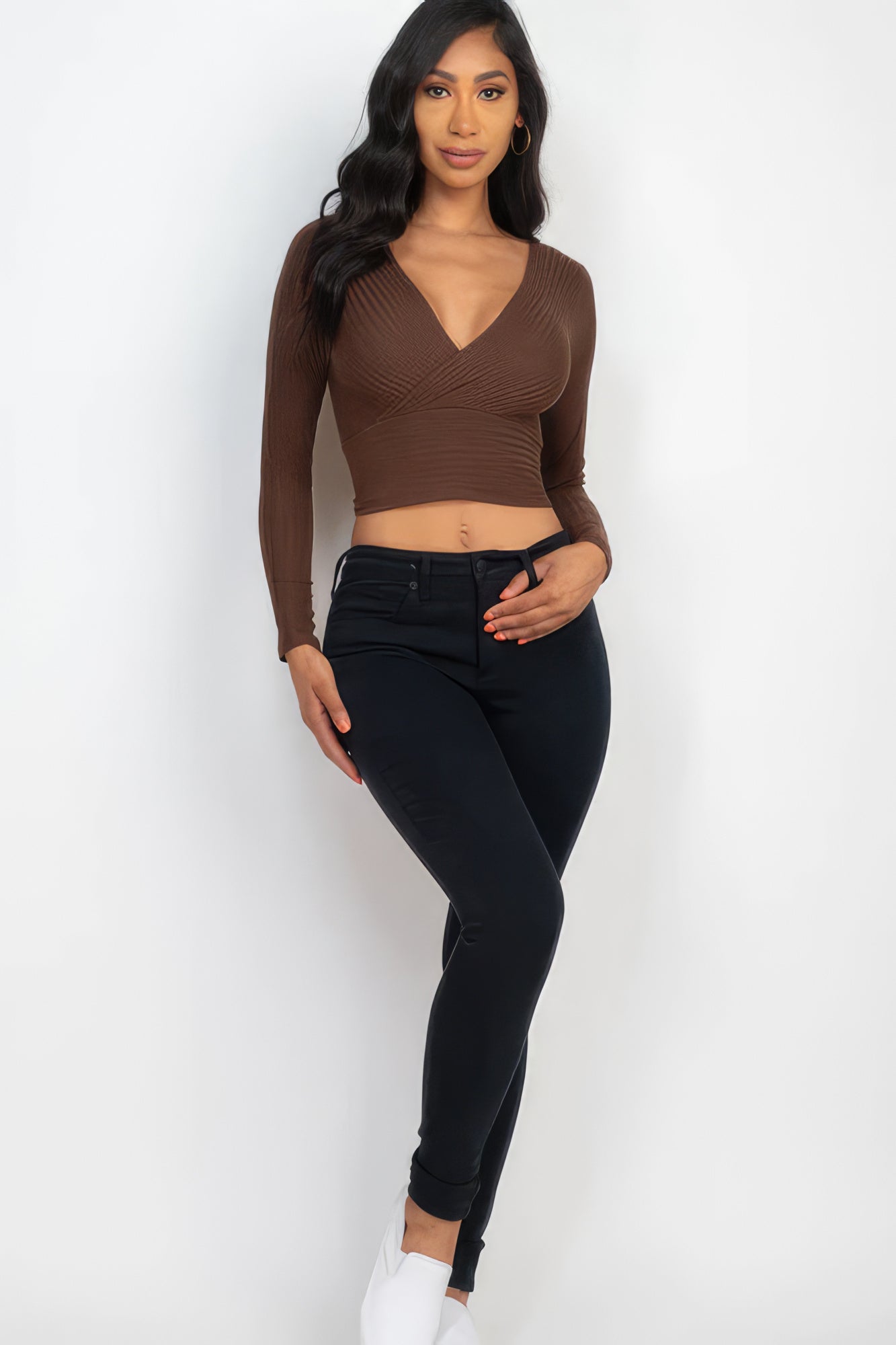 Women's Ribbed Wrap Front Top Long Sleeve Cropped T-Shirt Soft Stretch V-Neck