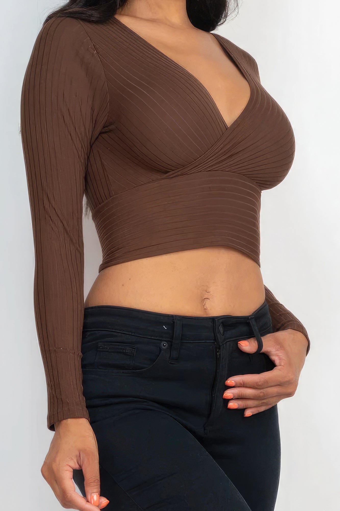 Women's Ribbed Wrap Front Top Long Sleeve Cropped T-Shirt Soft Stretch V-Neck