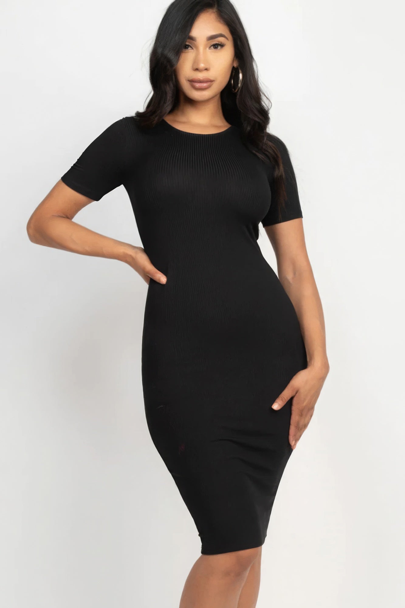 Women's Round Neck Midi Dress Ribbed T-Shirt Stretch Short Sleeve Bodycon Solid