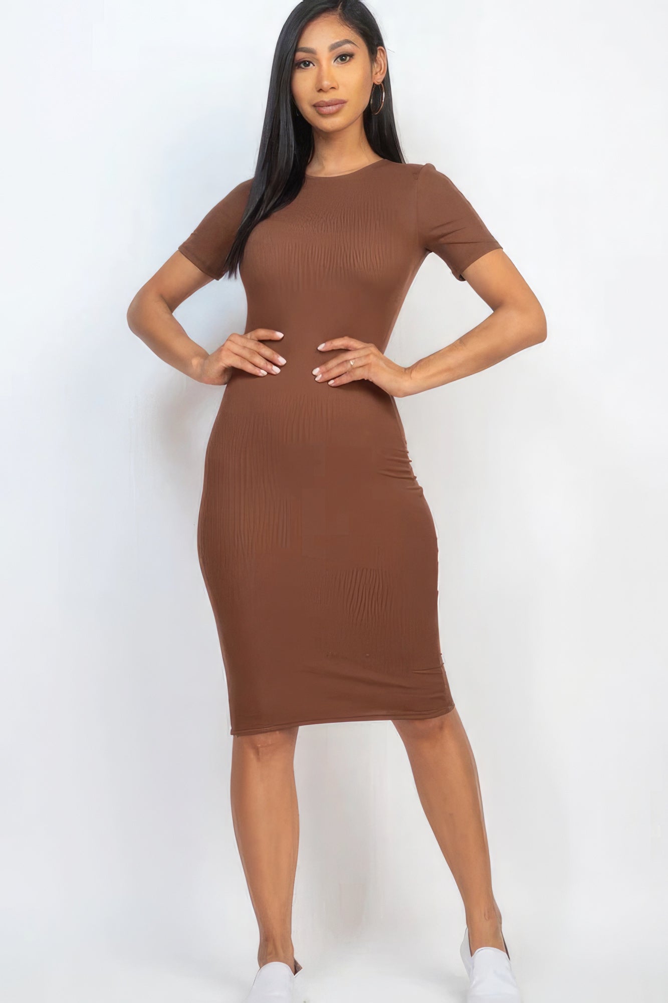 Women's Round Neck Midi Dress Ribbed T-Shirt Stretch Short Sleeve Bodycon Solid