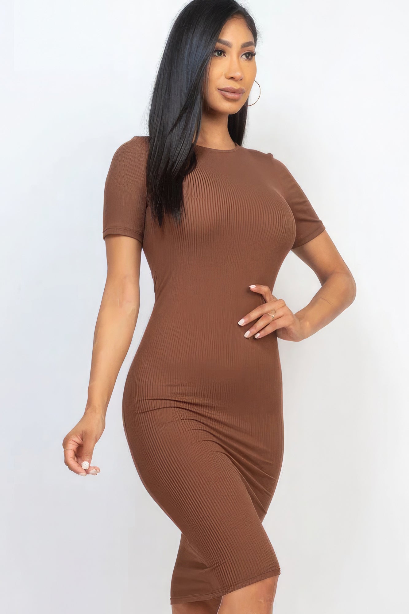 Women's Round Neck Midi Dress Ribbed T-Shirt Stretch Short Sleeve Bodycon Solid