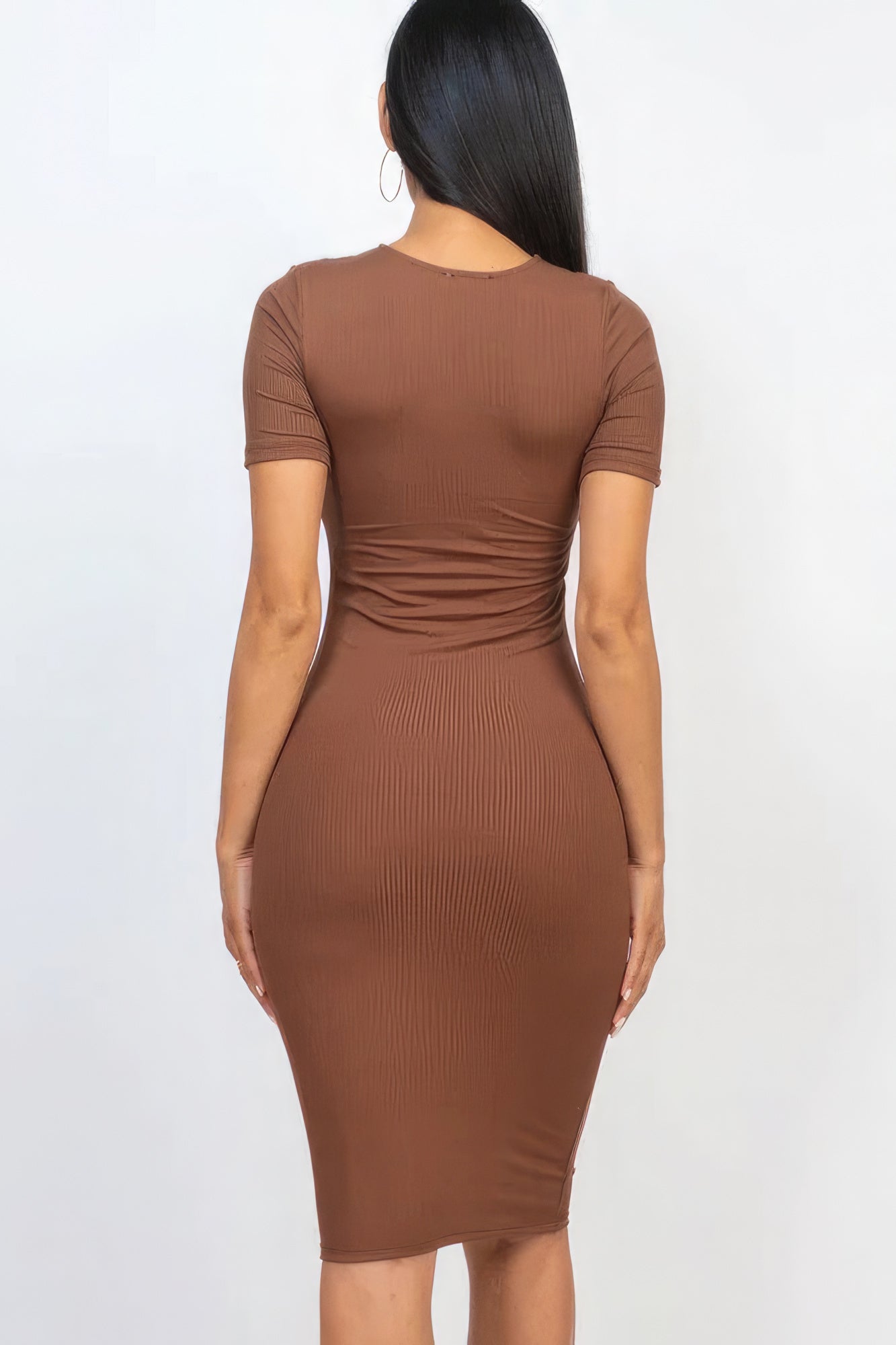 Women's Round Neck Midi Dress Ribbed T-Shirt Stretch Short Sleeve Bodycon Solid
