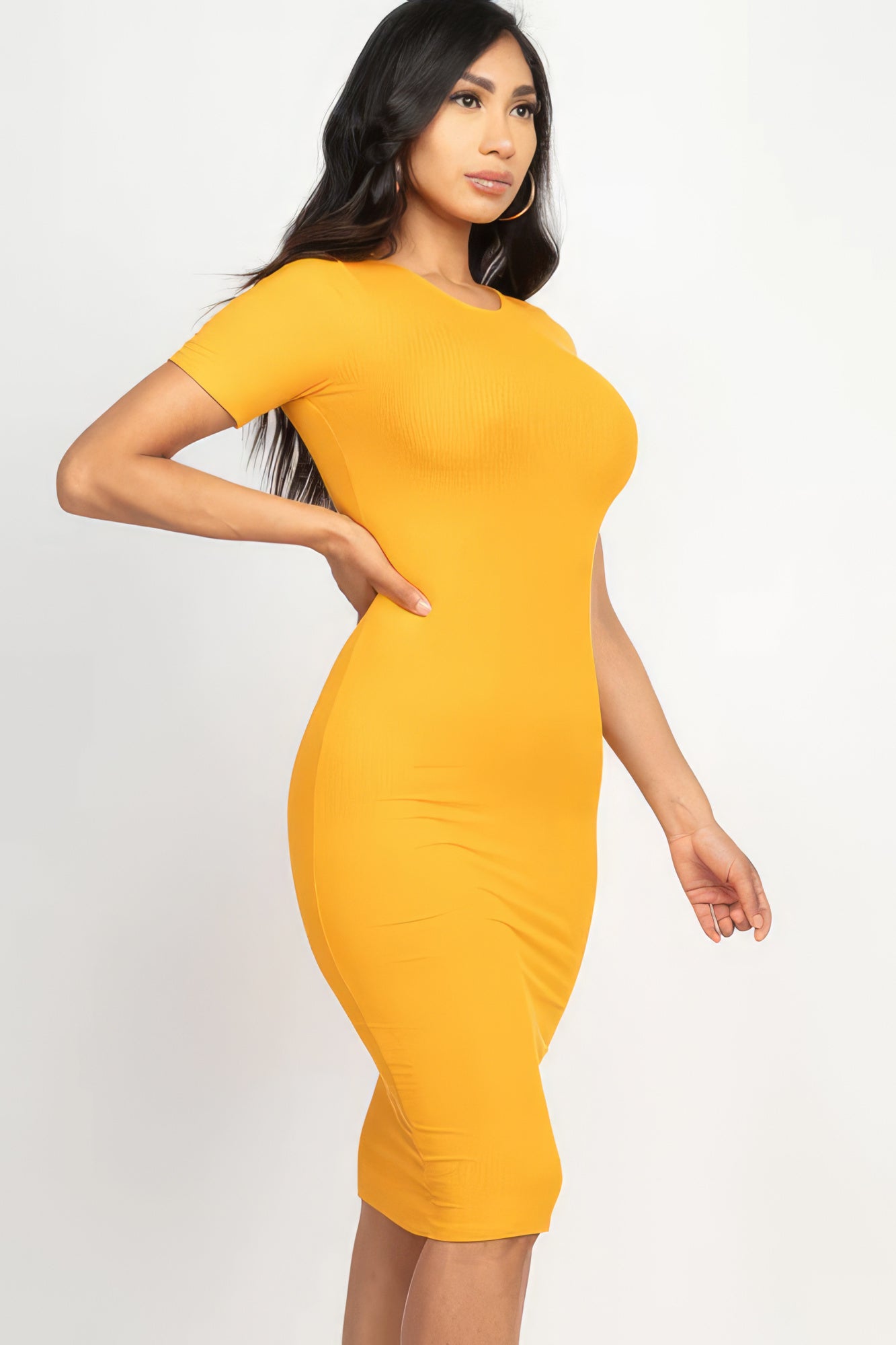 Women's Round Neck Midi Dress Ribbed T-Shirt Stretch Short Sleeve Bodycon Solid