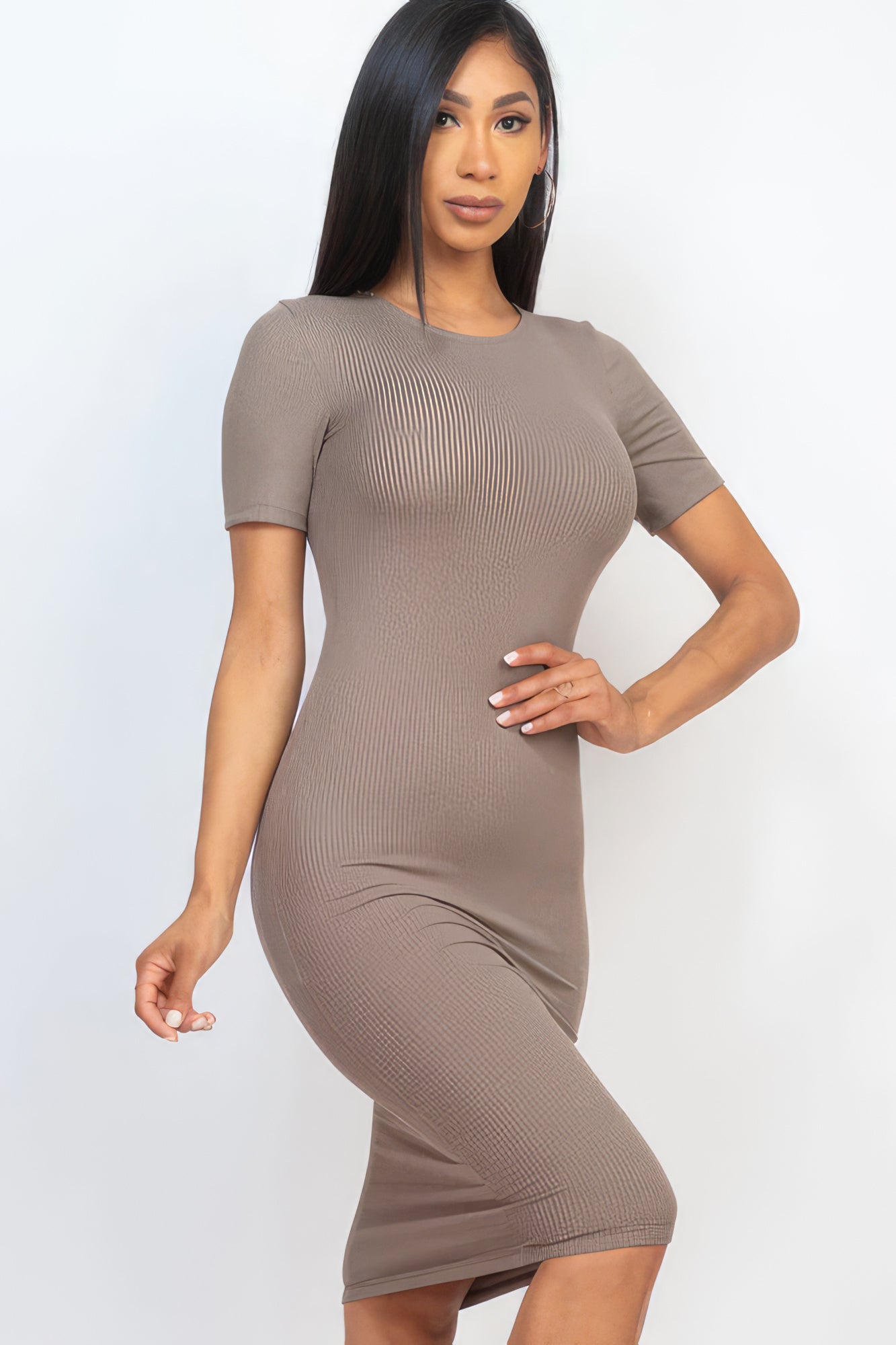 Women's Round Neck Midi Dress Ribbed T-Shirt Stretch Short Sleeve Bodycon Solid