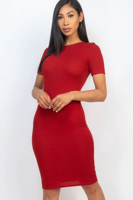 Women's Round Neck Midi Dress Ribbed T-Shirt Stretch Short Sleeve Bodycon Solid