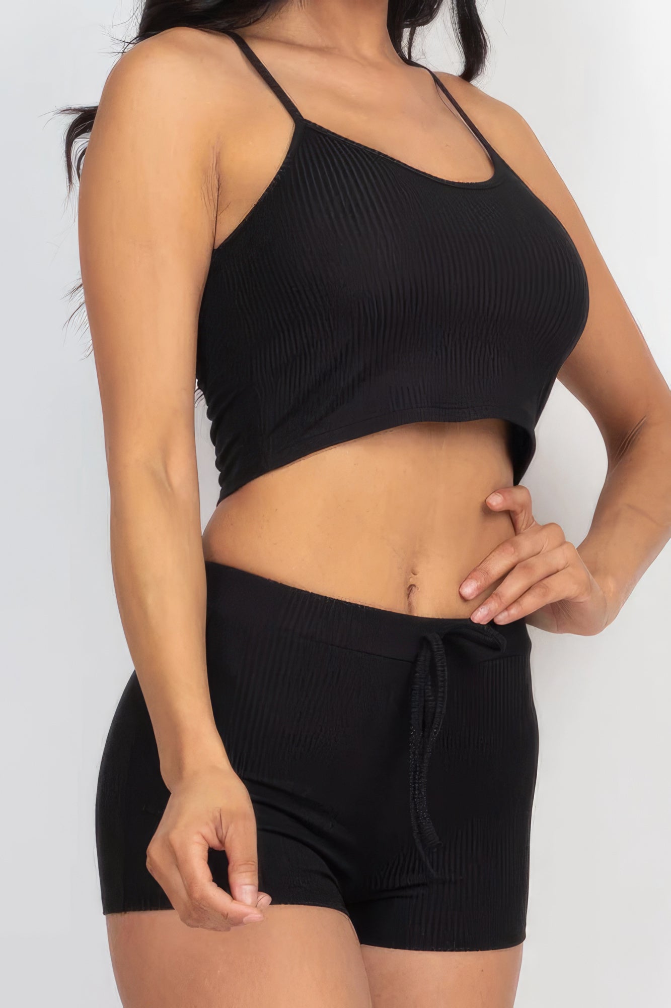 Women Ribbed Crop Cami Tank Top & Shorts Stretch Casual Workout Loungewear Set