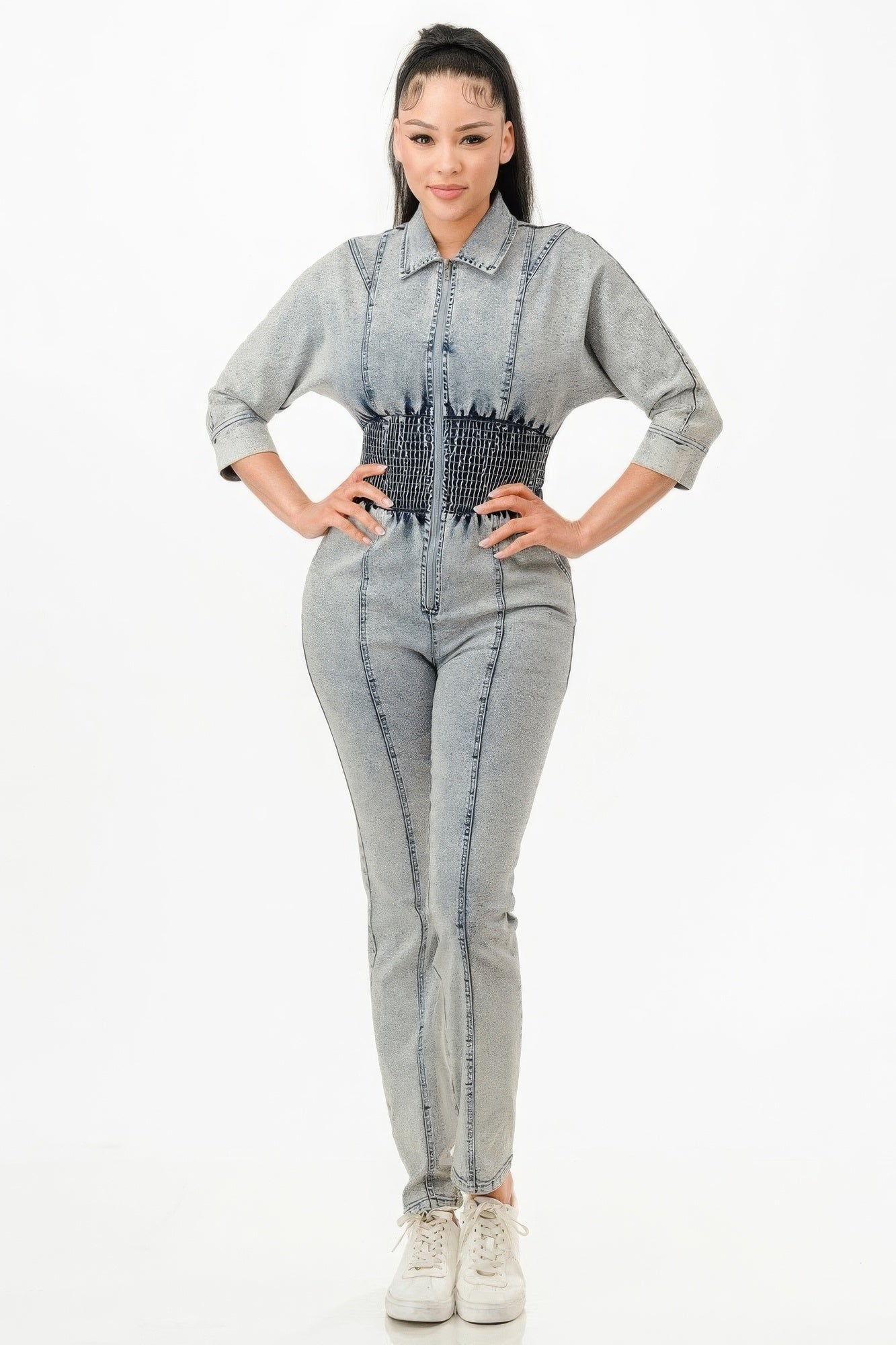Women's 3/4 Sleeves Denim Jumpsuit Washed Stretch Zipper Front Smocking Elastic