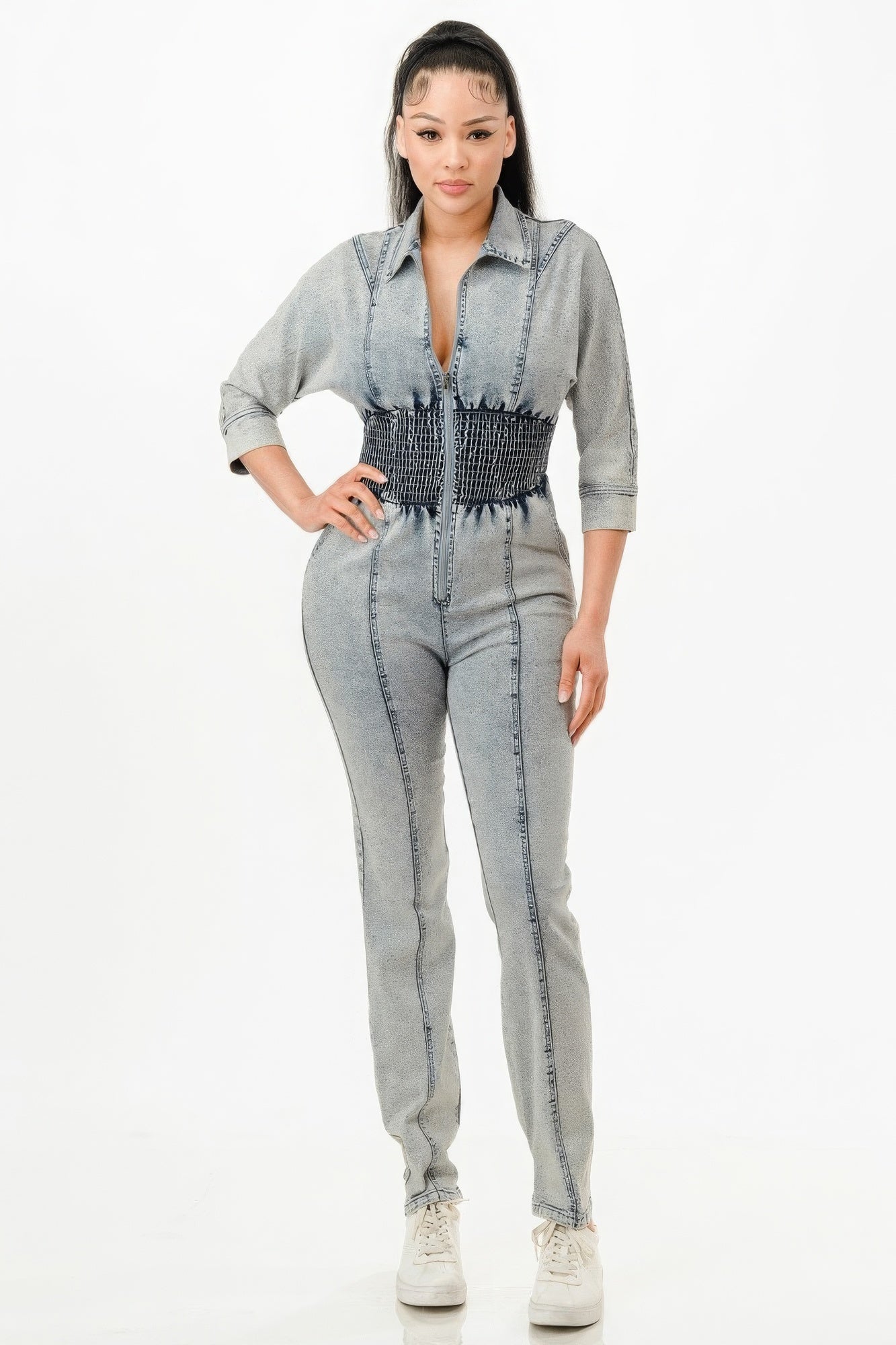 Women's 3/4 Sleeves Denim Jumpsuit Washed Stretch Zipper Front Smocking Elastic