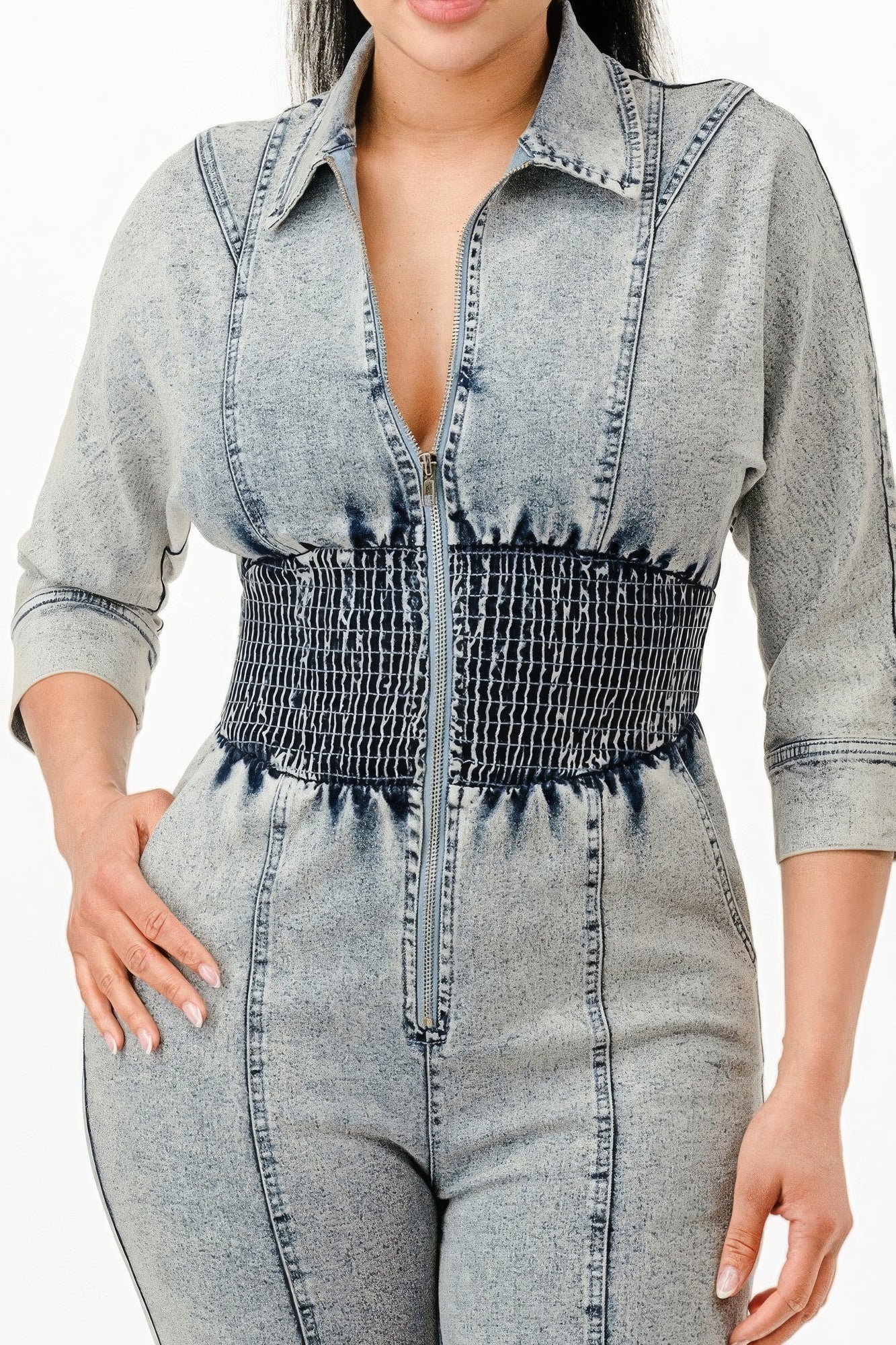 Women's 3/4 Sleeves Denim Jumpsuit Washed Stretch Zipper Front Smocking Elastic