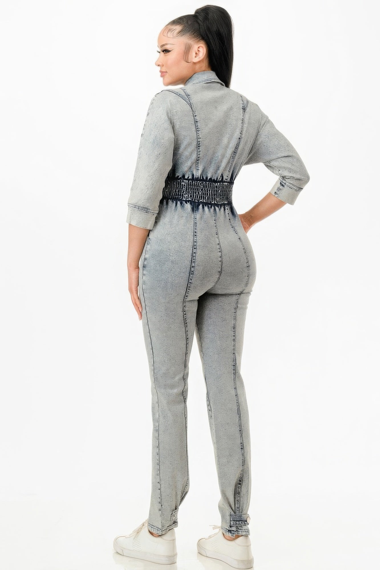 Women's 3/4 Sleeves Denim Jumpsuit Washed Stretch Zipper Front Smocking Elastic