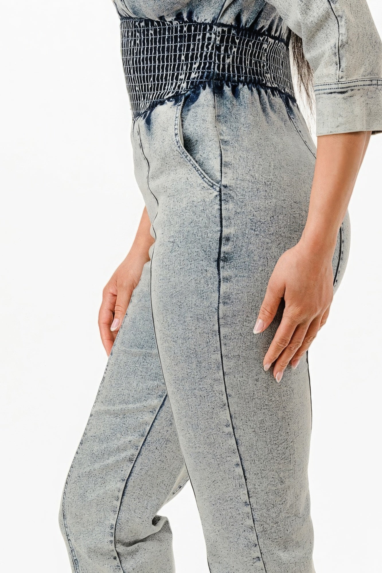 Women's 3/4 Sleeves Denim Jumpsuit Washed Stretch Zipper Front Smocking Elastic