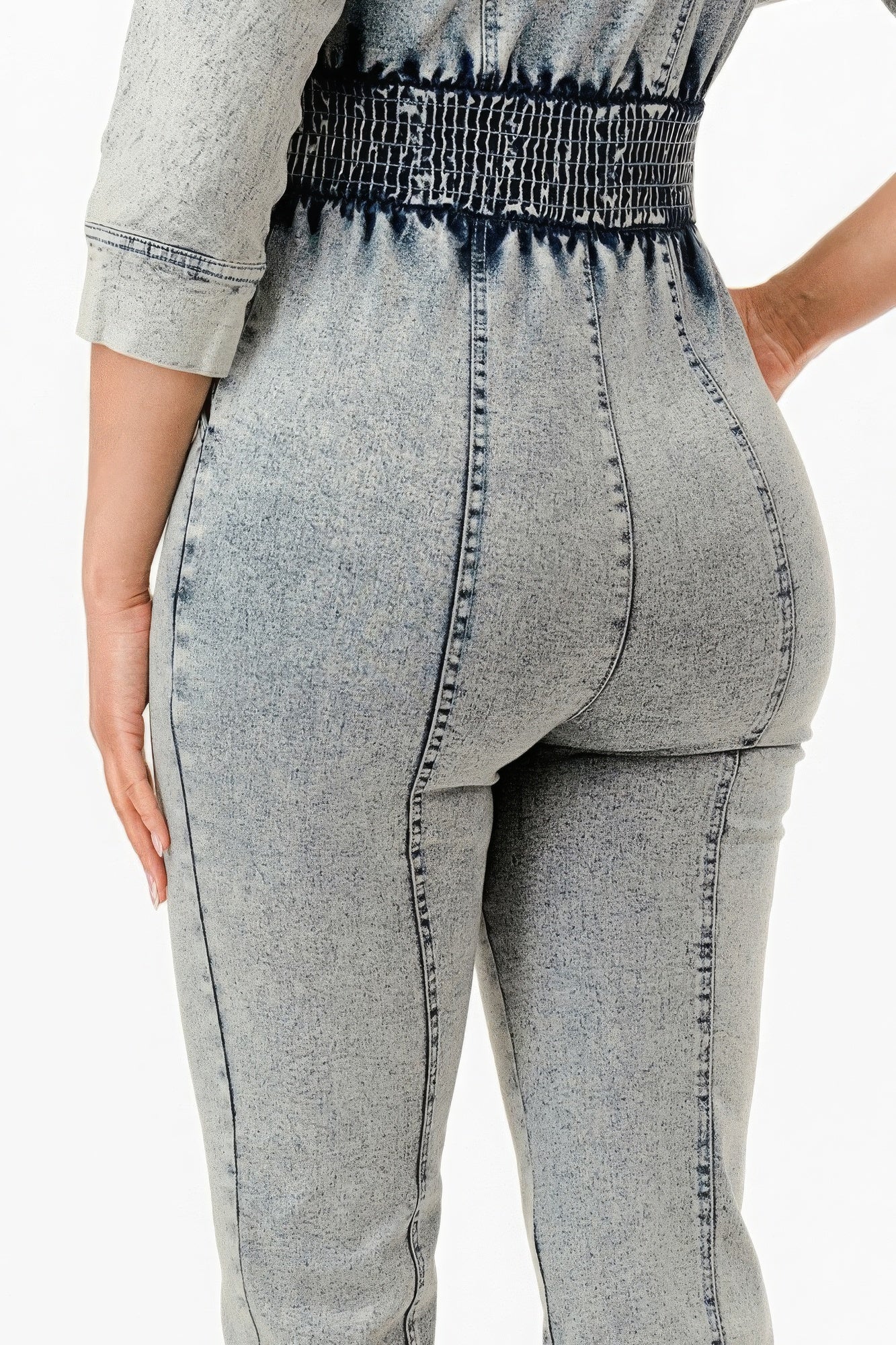 Women's 3/4 Sleeves Denim Jumpsuit Washed Stretch Zipper Front Smocking Elastic