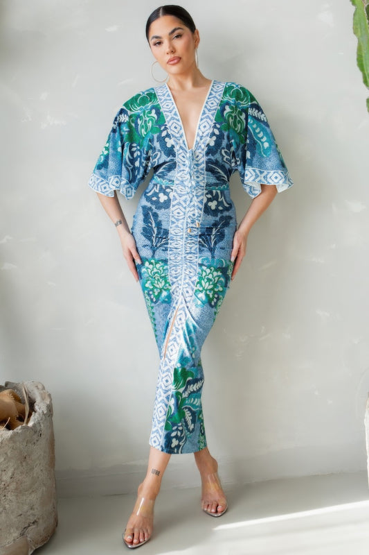 Women's Deep V-neck Midi Dress Shirt Ruched Bodycon Split Party Clubwear Casual