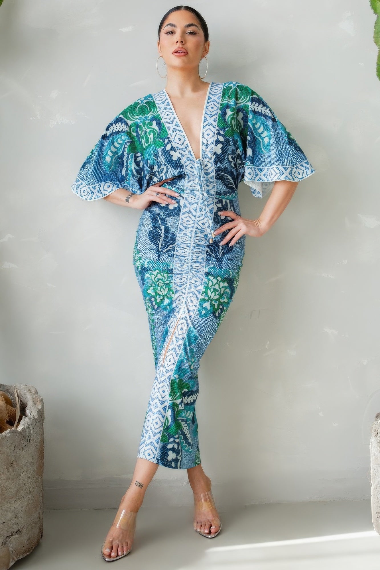 Women's Deep V-neck Midi Dress Shirt Ruched Bodycon Split Party Clubwear Casual