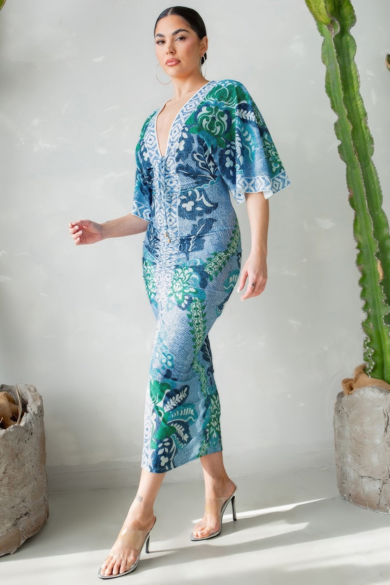 Women's Deep V-neck Midi Dress Shirt Ruched Bodycon Split Party Clubwear Casual