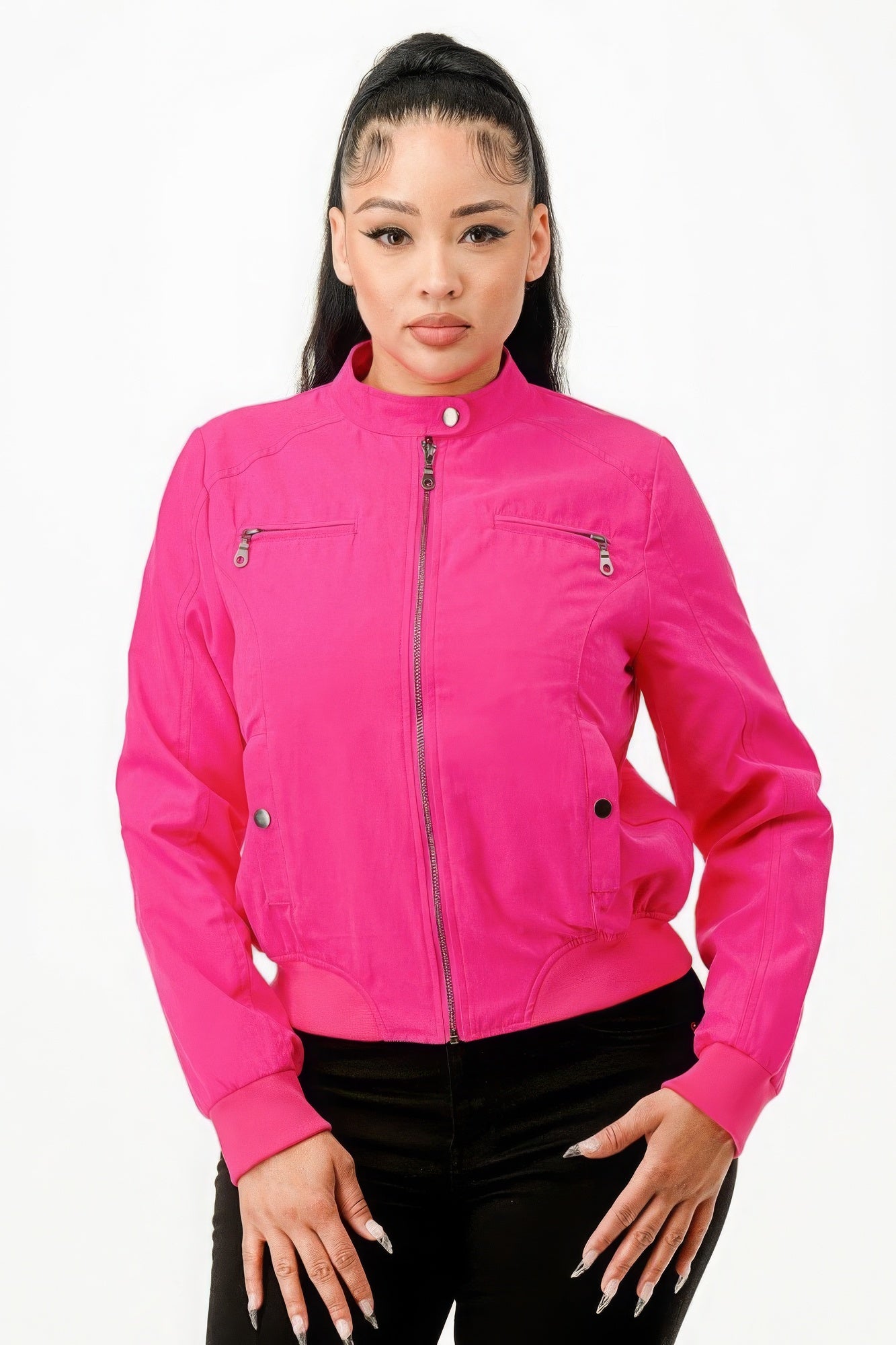 Women's Classic Biker Moto Jacket Pockets Zip-Up Ribbed Hem Casual Coat