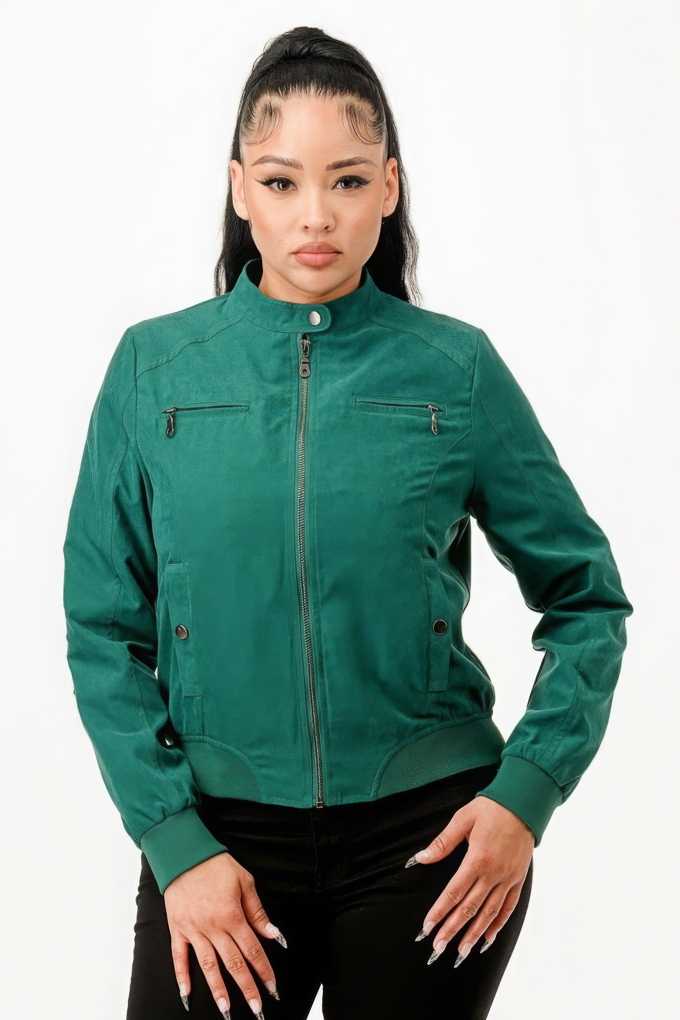 Women's Classic Biker Moto Jacket Pockets Zip-Up Ribbed Hem Casual Coat
