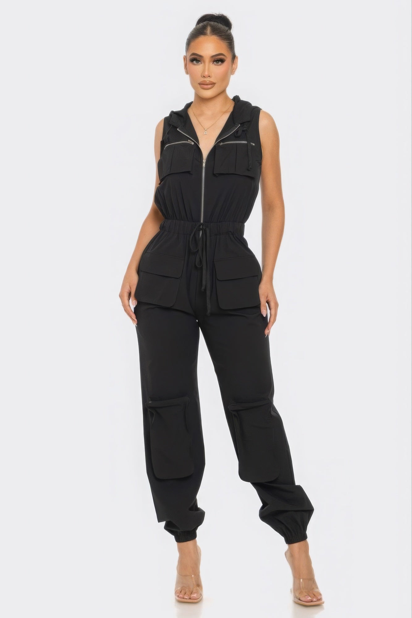 Women's Casual Cargo Zip-Up Jumpsuits Sleeveless Hoodie Pockets Playsuit Romper