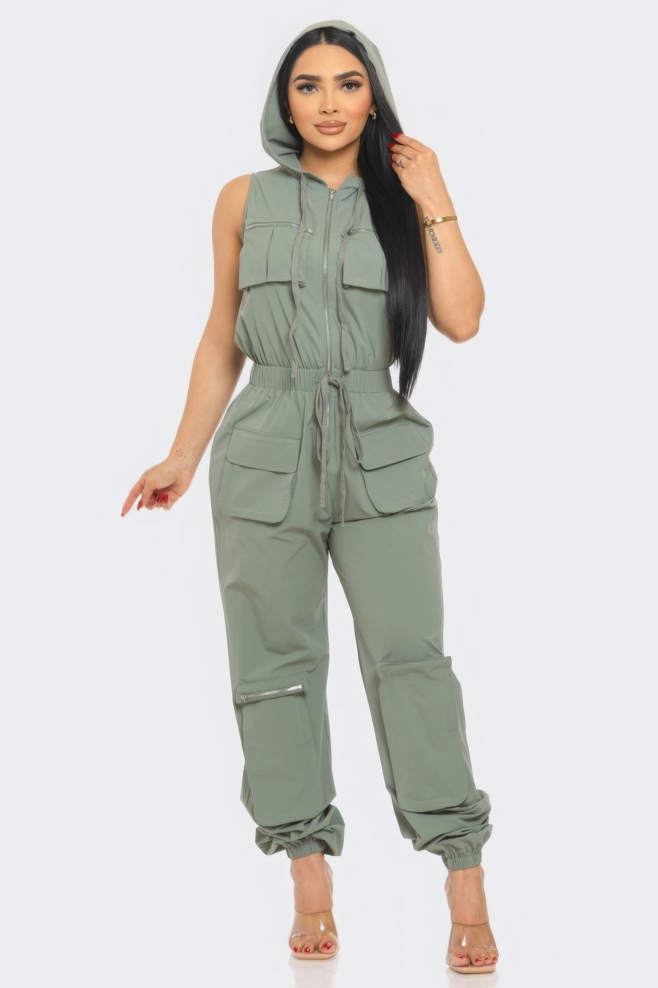 Women's Casual Cargo Zip-Up Jumpsuits Sleeveless Hoodie Pockets Playsuit Romper