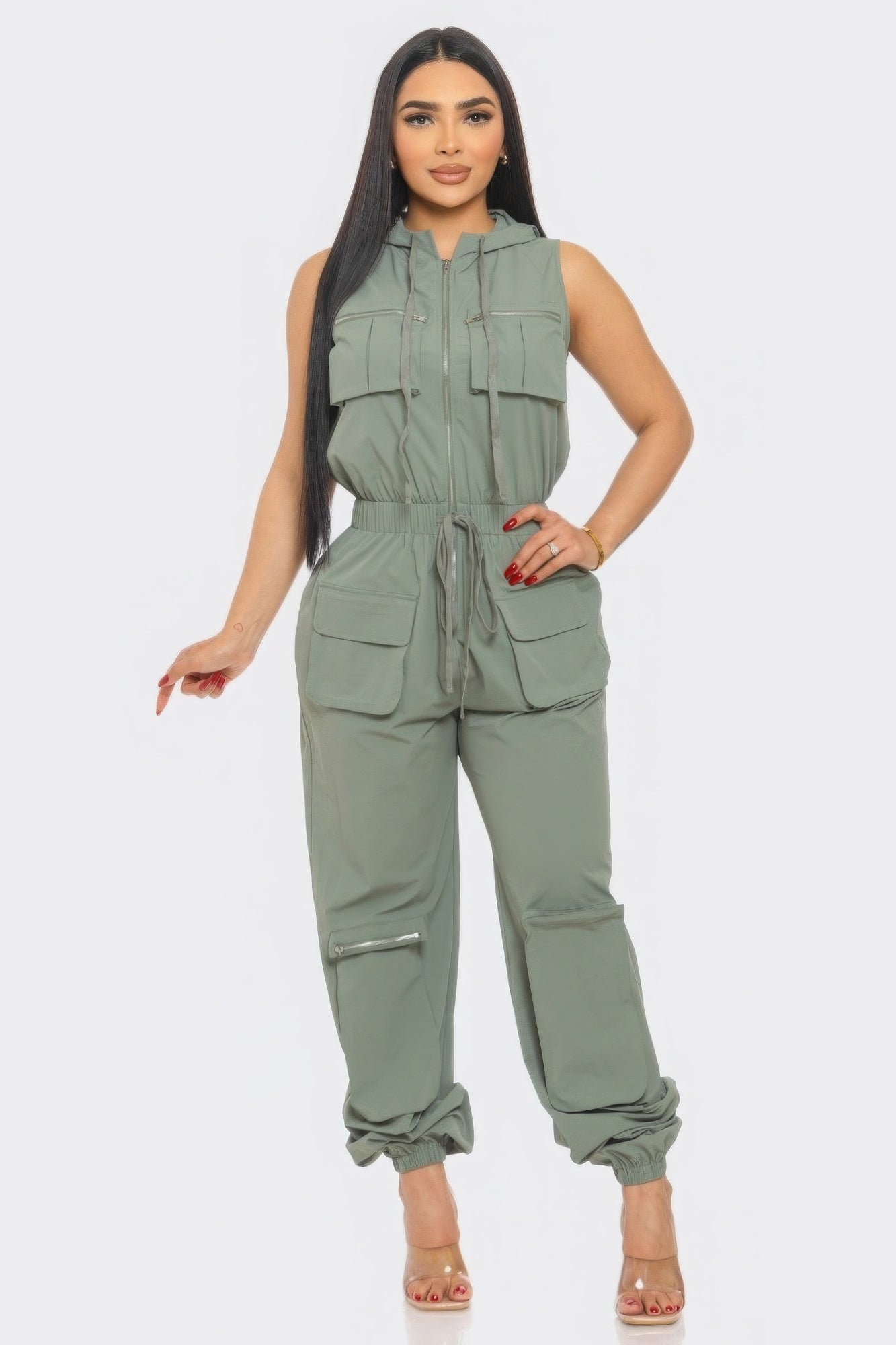 Women's Casual Cargo Zip-Up Jumpsuits Sleeveless Hoodie Pockets Playsuit Romper
