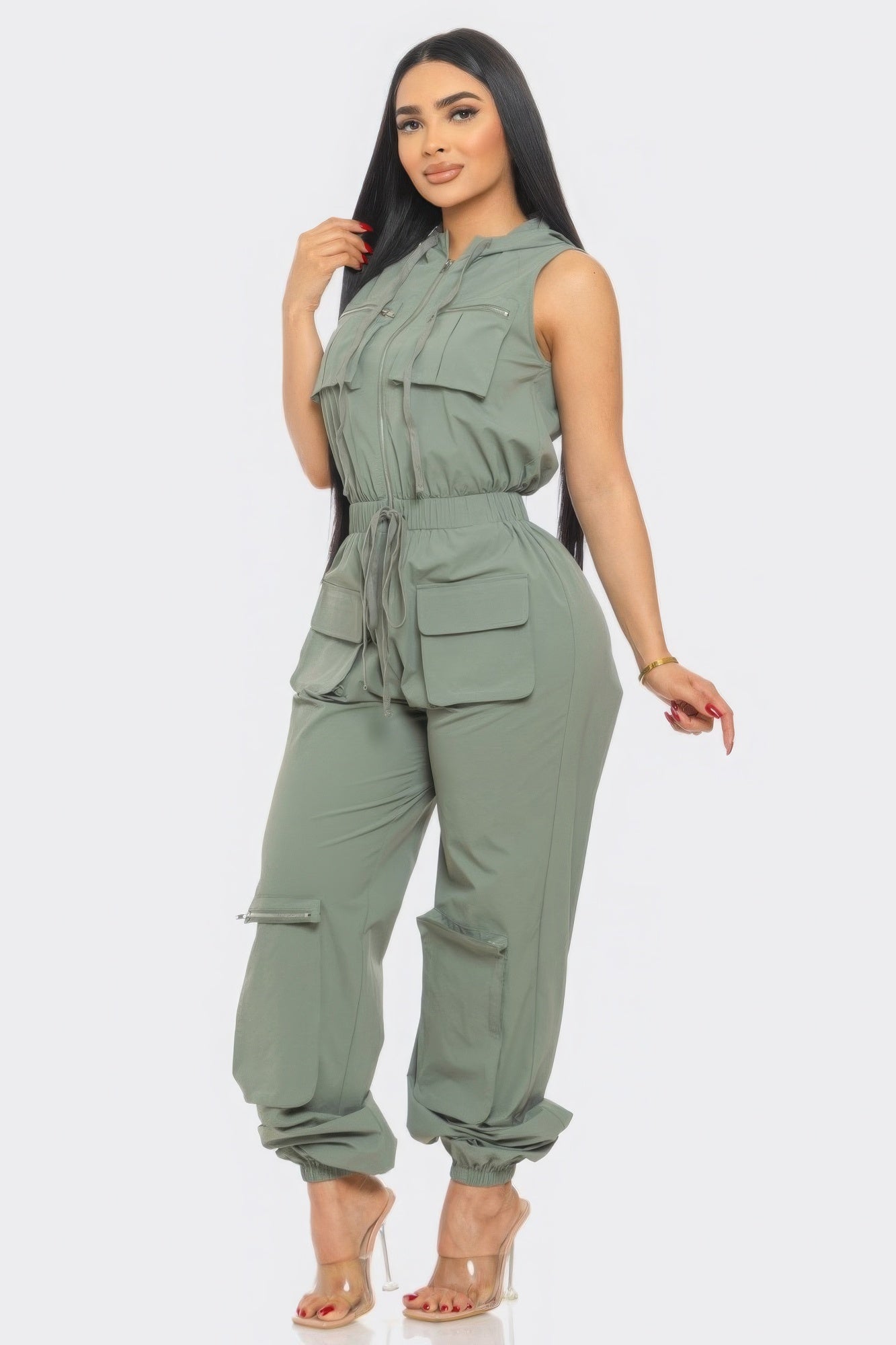 Women's Casual Cargo Zip-Up Jumpsuits Sleeveless Hoodie Pockets Playsuit Romper
