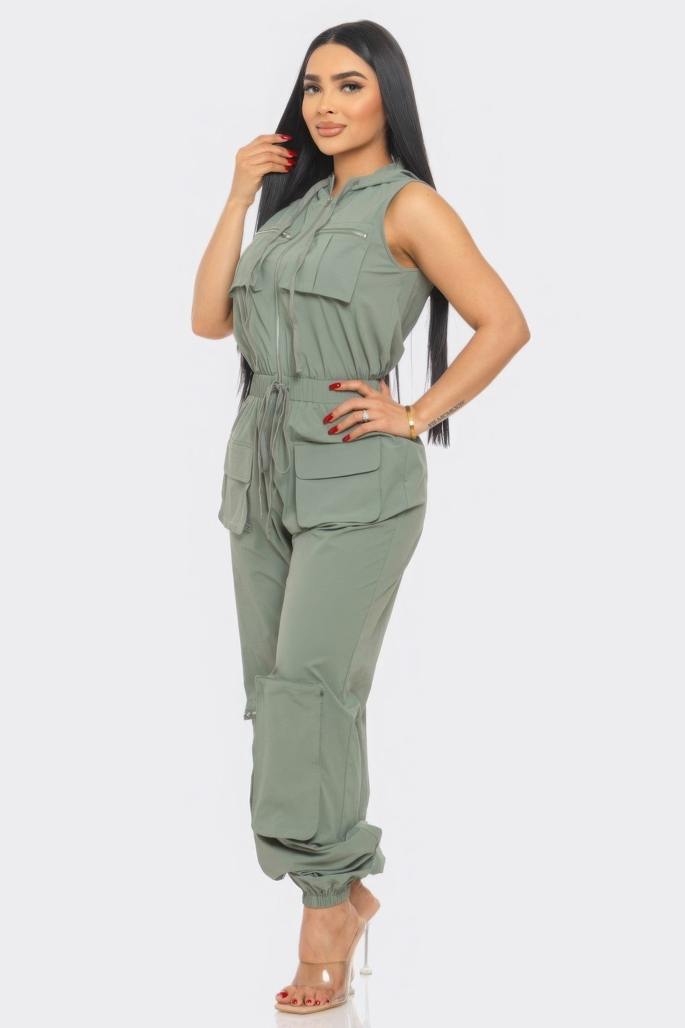 Women's Casual Cargo Zip-Up Jumpsuits Sleeveless Hoodie Pockets Playsuit Romper