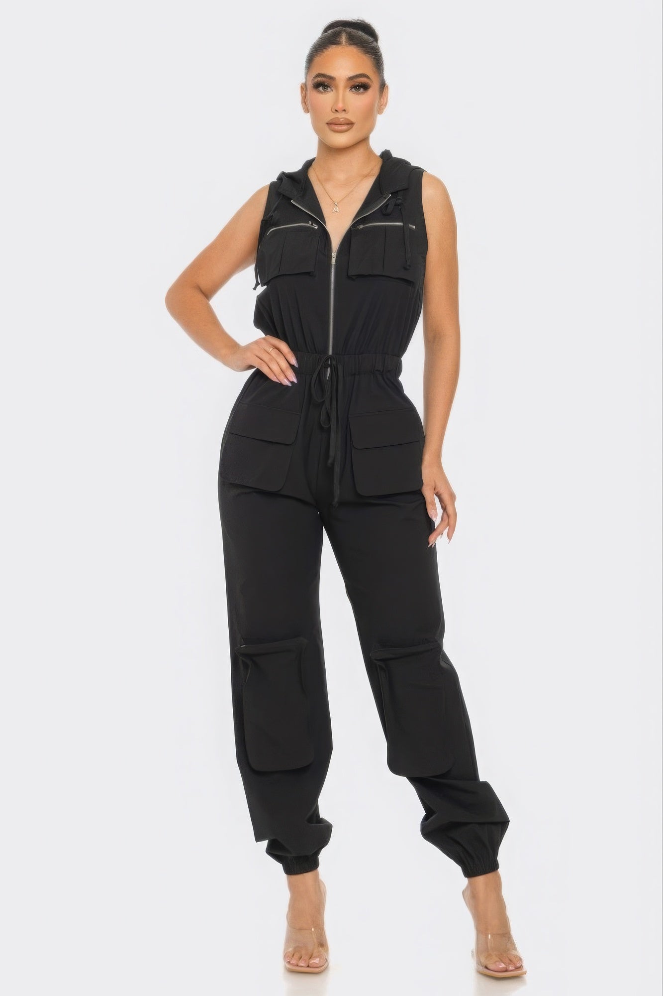 Women's Casual Cargo Zip-Up Jumpsuits Sleeveless Hoodie Pockets Playsuit Romper