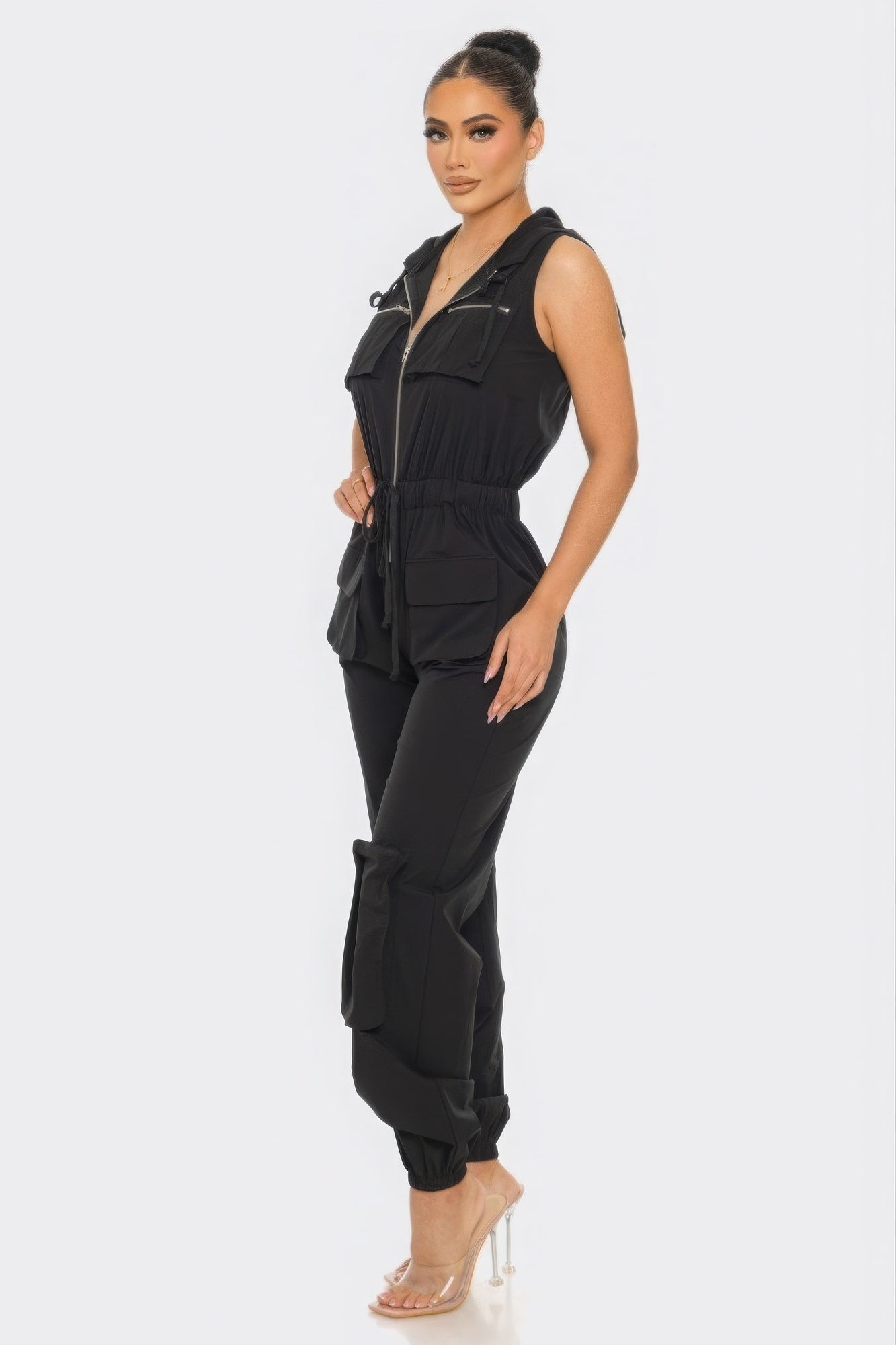 Women's Casual Cargo Zip-Up Jumpsuits Sleeveless Hoodie Pockets Playsuit Romper