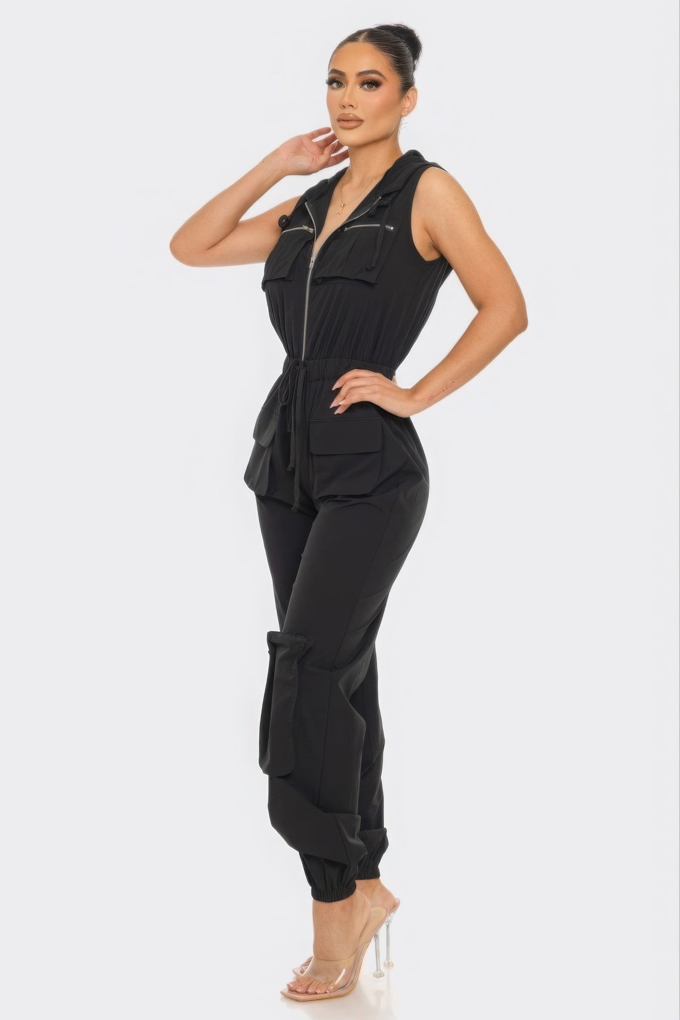 Women's Casual Cargo Zip-Up Jumpsuits Sleeveless Hoodie Pockets Playsuit Romper