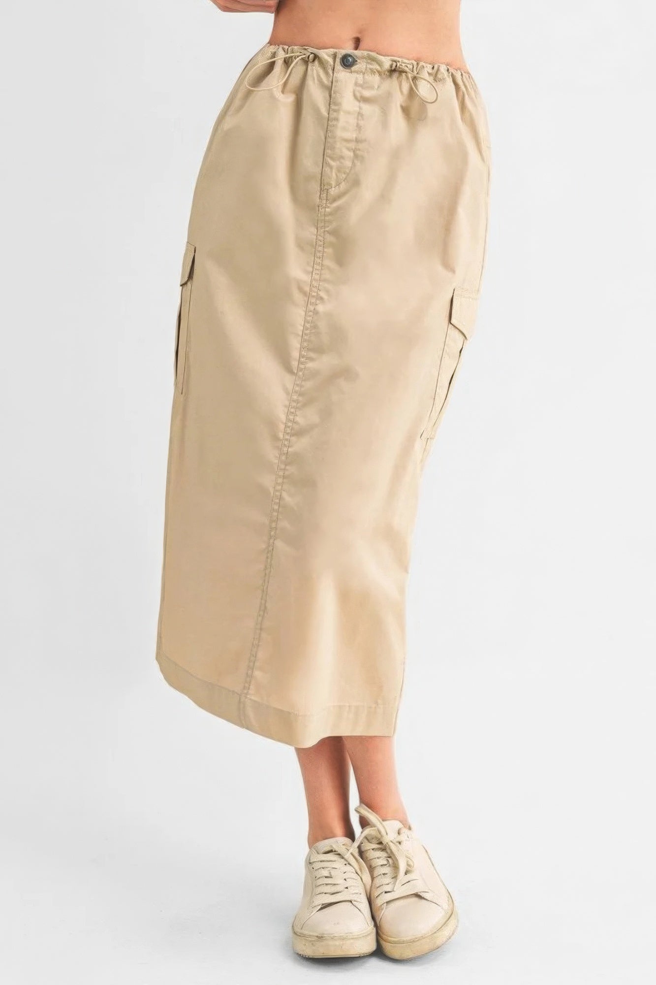 Women Cargo Midi Skirt Drawstring Waist Cotton Pockets Split Slit Casual Hiking