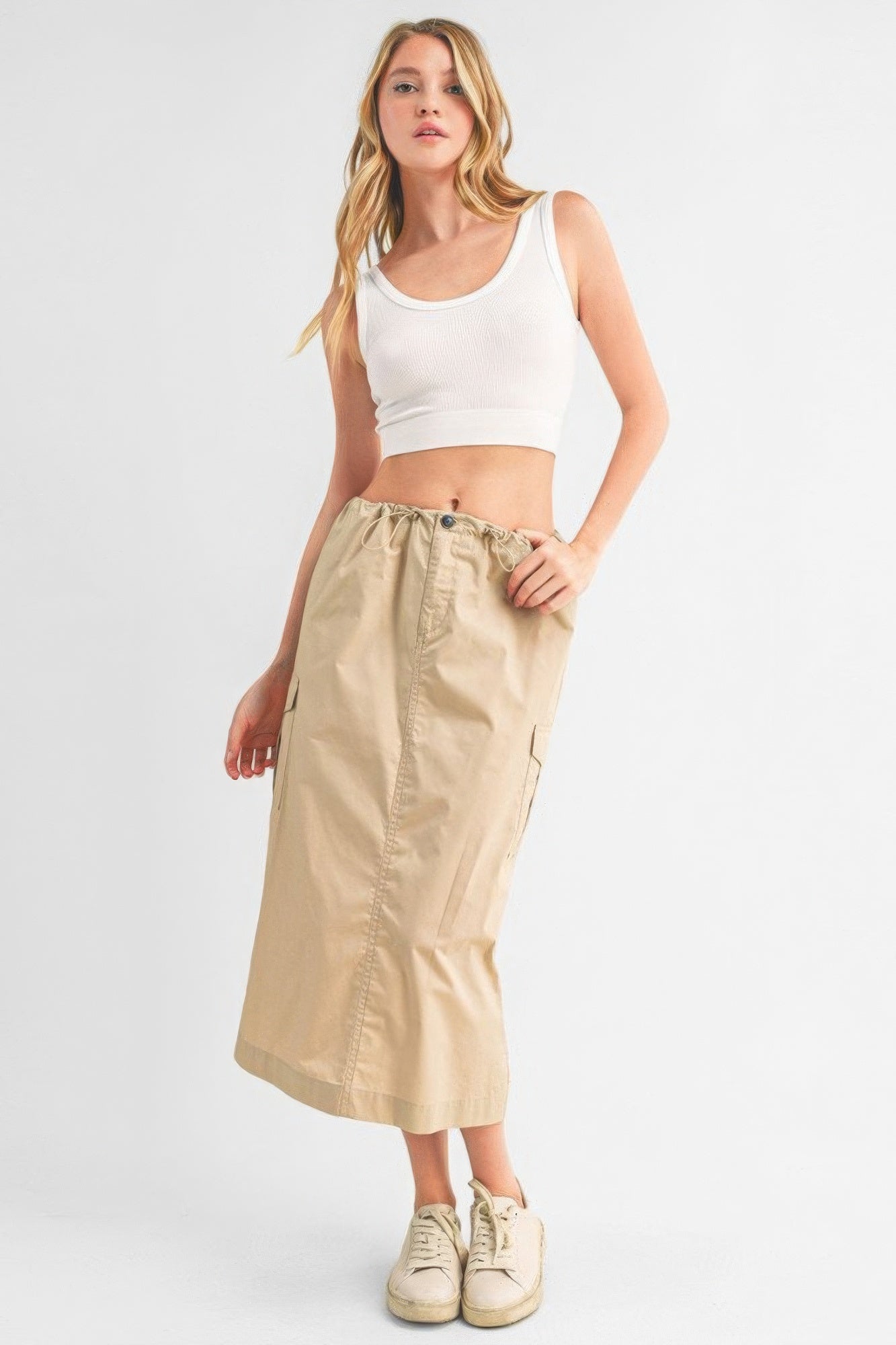 Women Cargo Midi Skirt Drawstring Waist Cotton Pockets Split Slit Casual Hiking