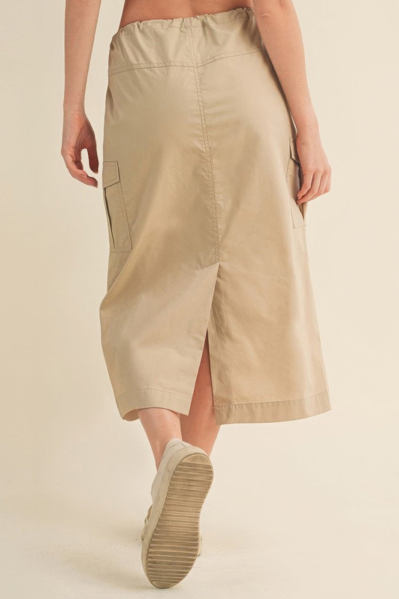 Women Cargo Midi Skirt Drawstring Waist Cotton Pockets Split Slit Casual Hiking