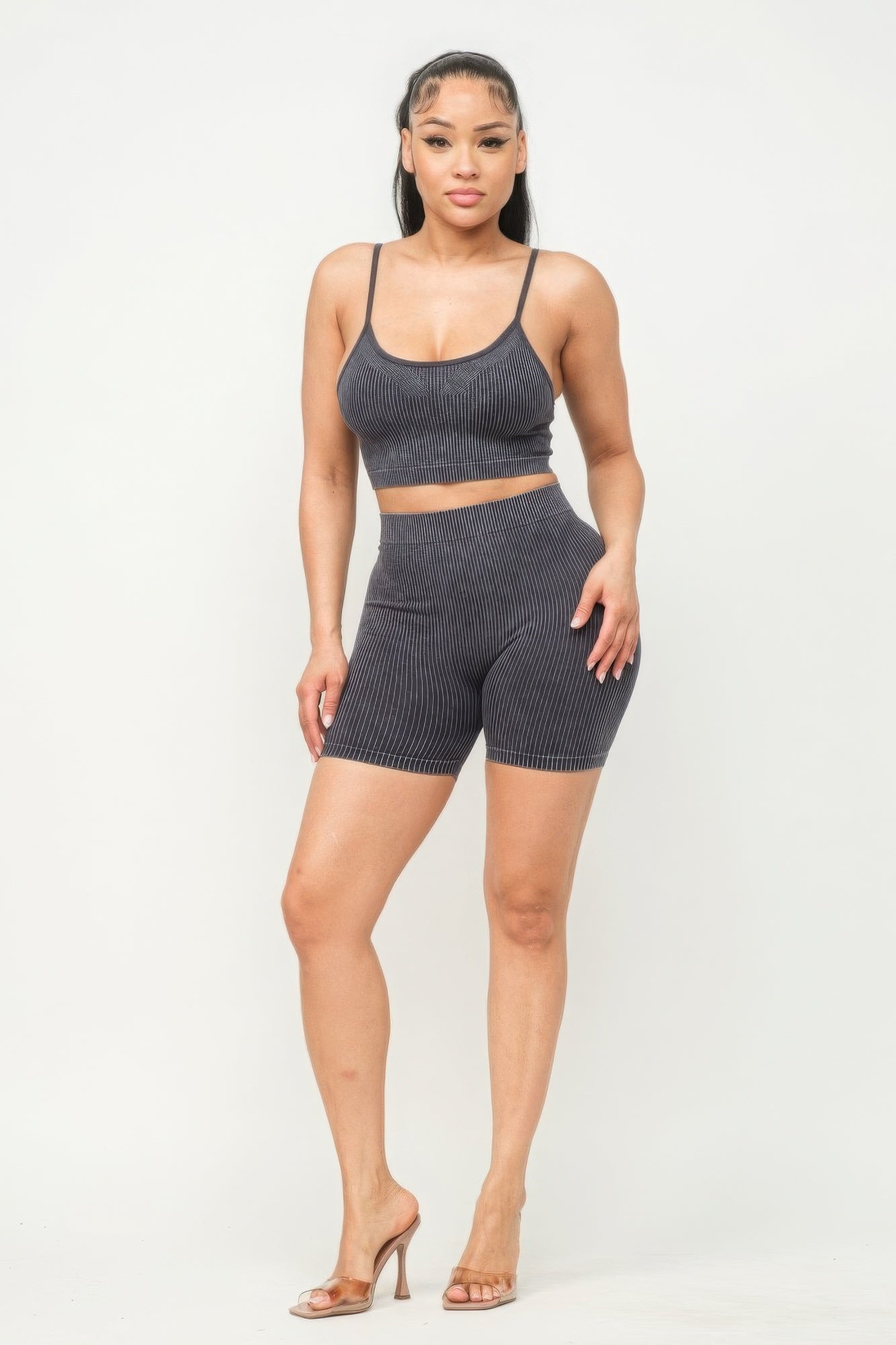 Women's Ribbed Washed Seamless Crop Tank Top & Shorts Gym Workout Loungewear Set
