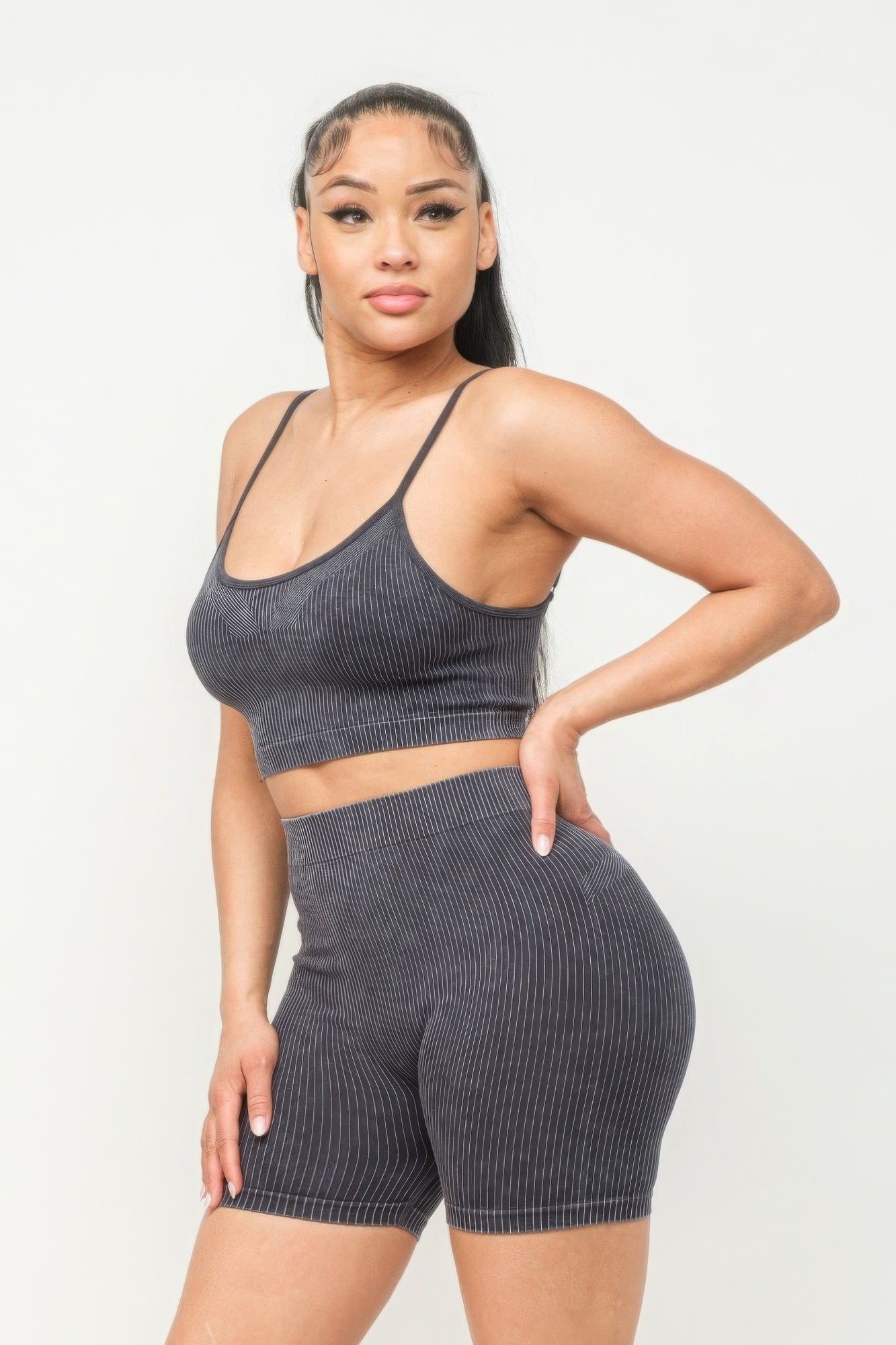 Women's Ribbed Washed Seamless Crop Tank Top & Shorts Gym Workout Loungewear Set