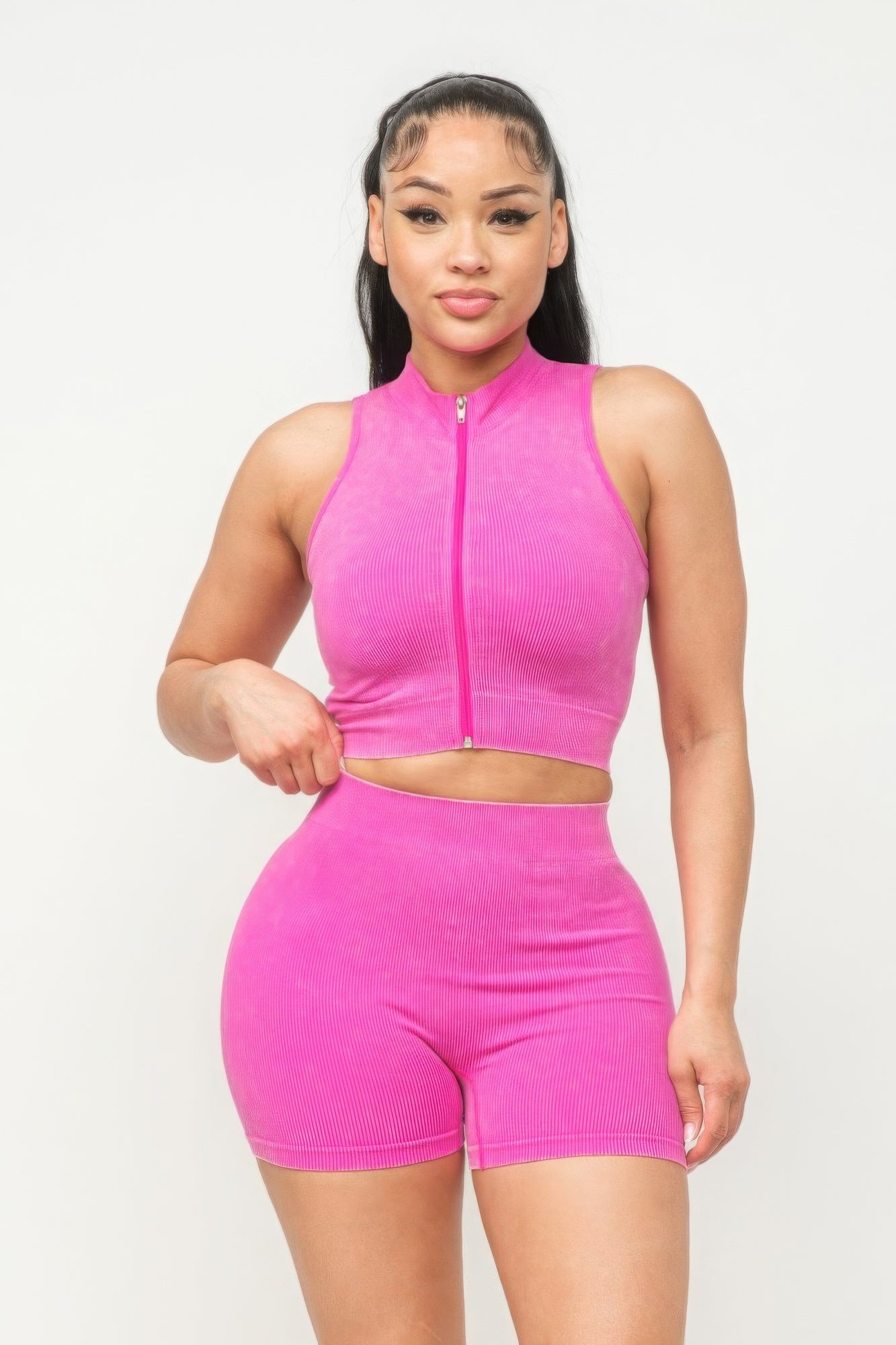 Women's Rib Washed Seamless Zipper Mock Neck Crop Top & Shorts Loungewear Set