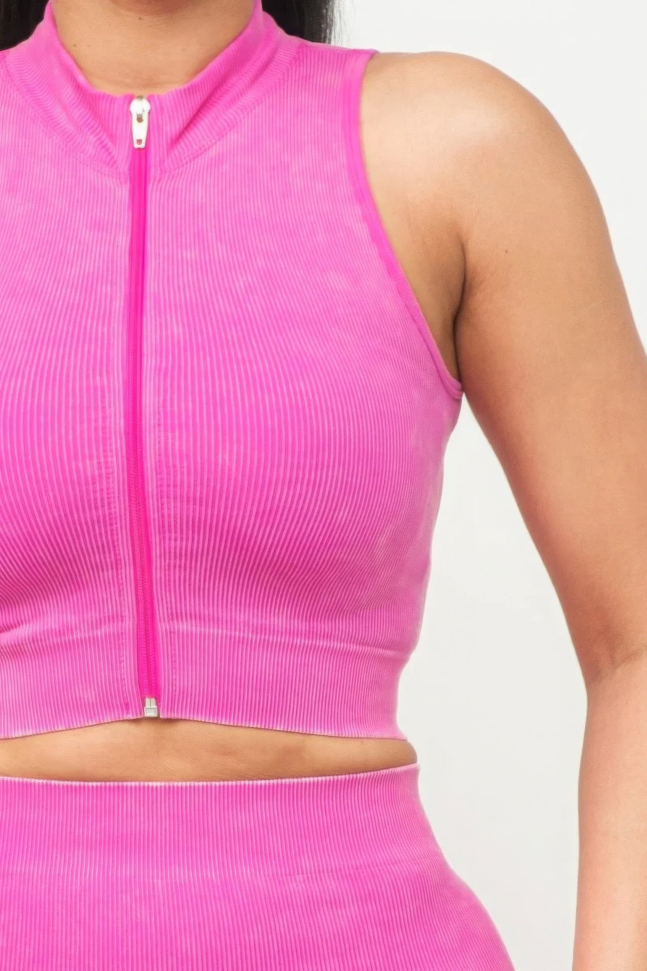 Women's Rib Washed Seamless Zipper Mock Neck Crop Top & Shorts Loungewear Set