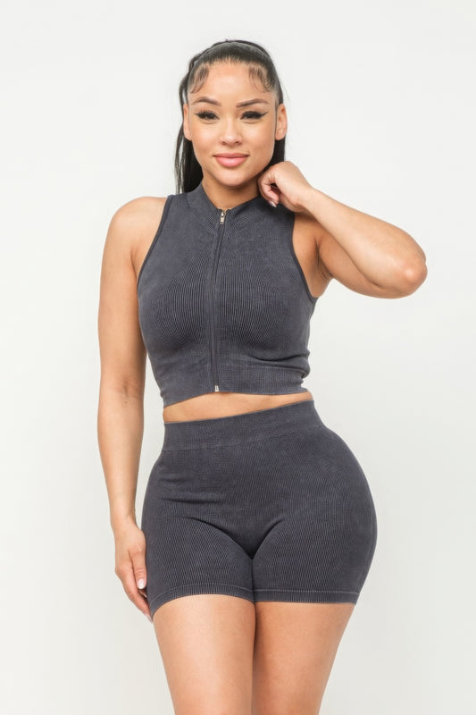 Women's Rib Washed Seamless Zipper Mock Neck Crop Top & Shorts Loungewear Set