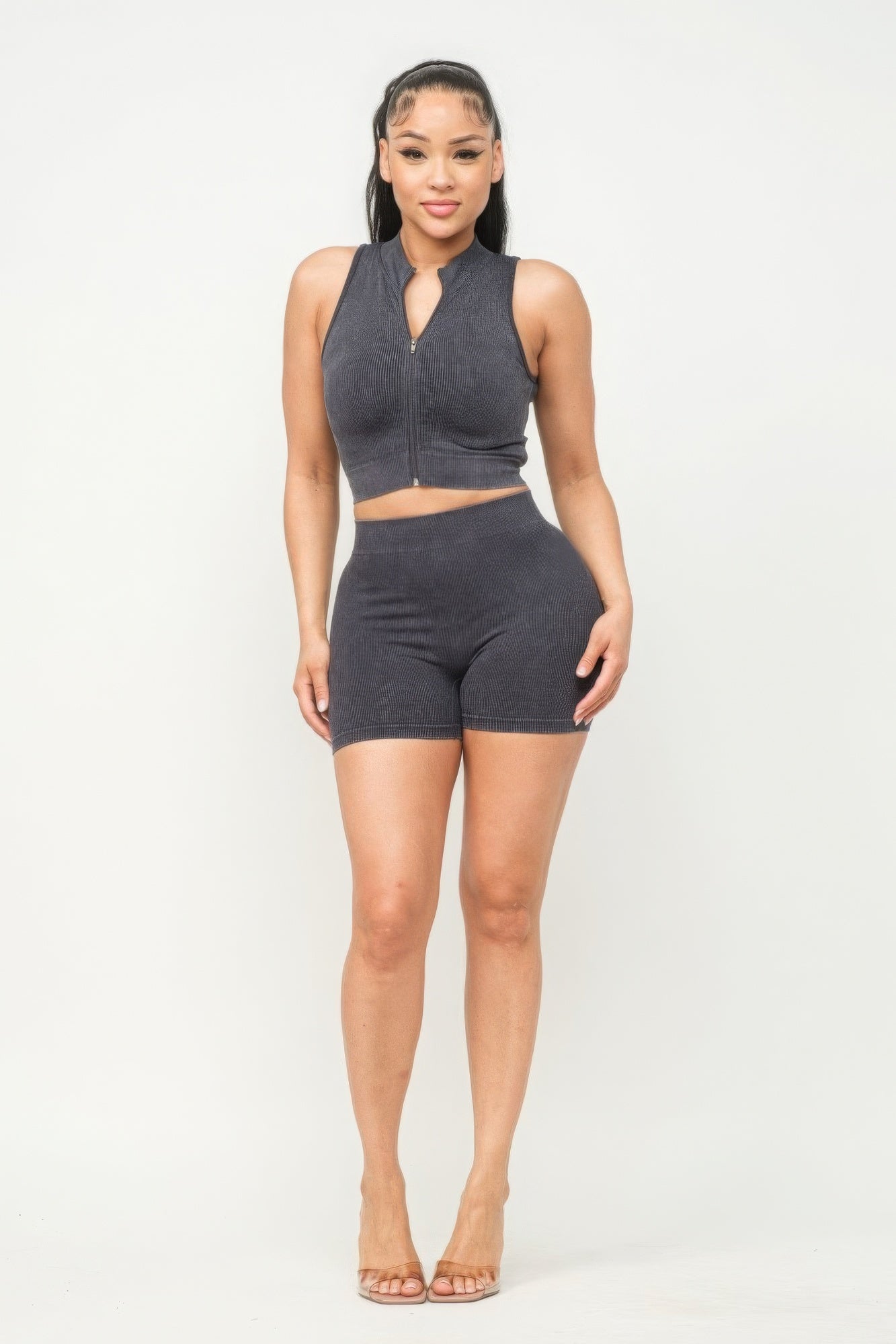 Women's Rib Washed Seamless Zipper Mock Neck Crop Top & Shorts Loungewear Set