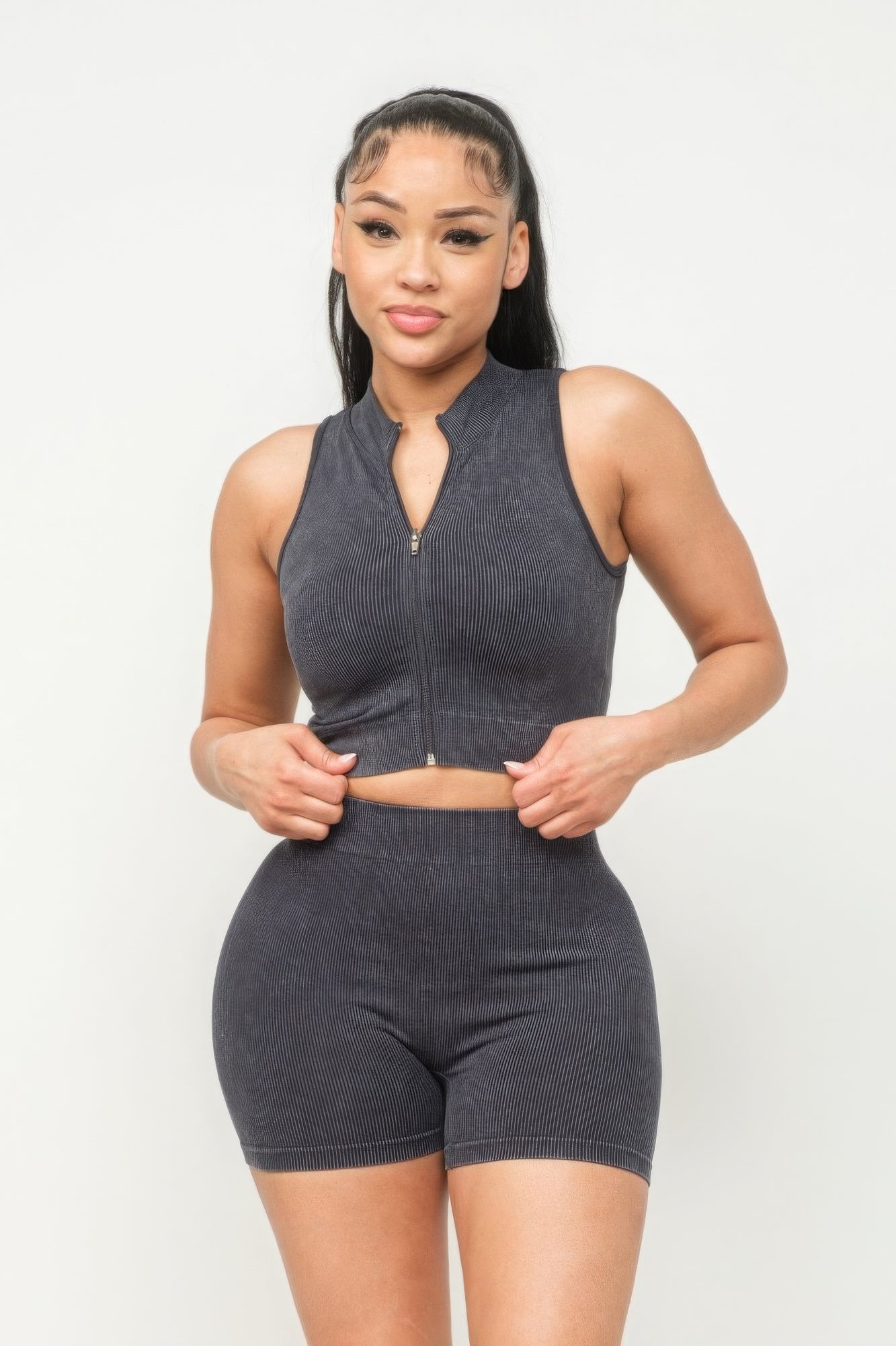 Women's Rib Washed Seamless Zipper Mock Neck Crop Top & Shorts Loungewear Set