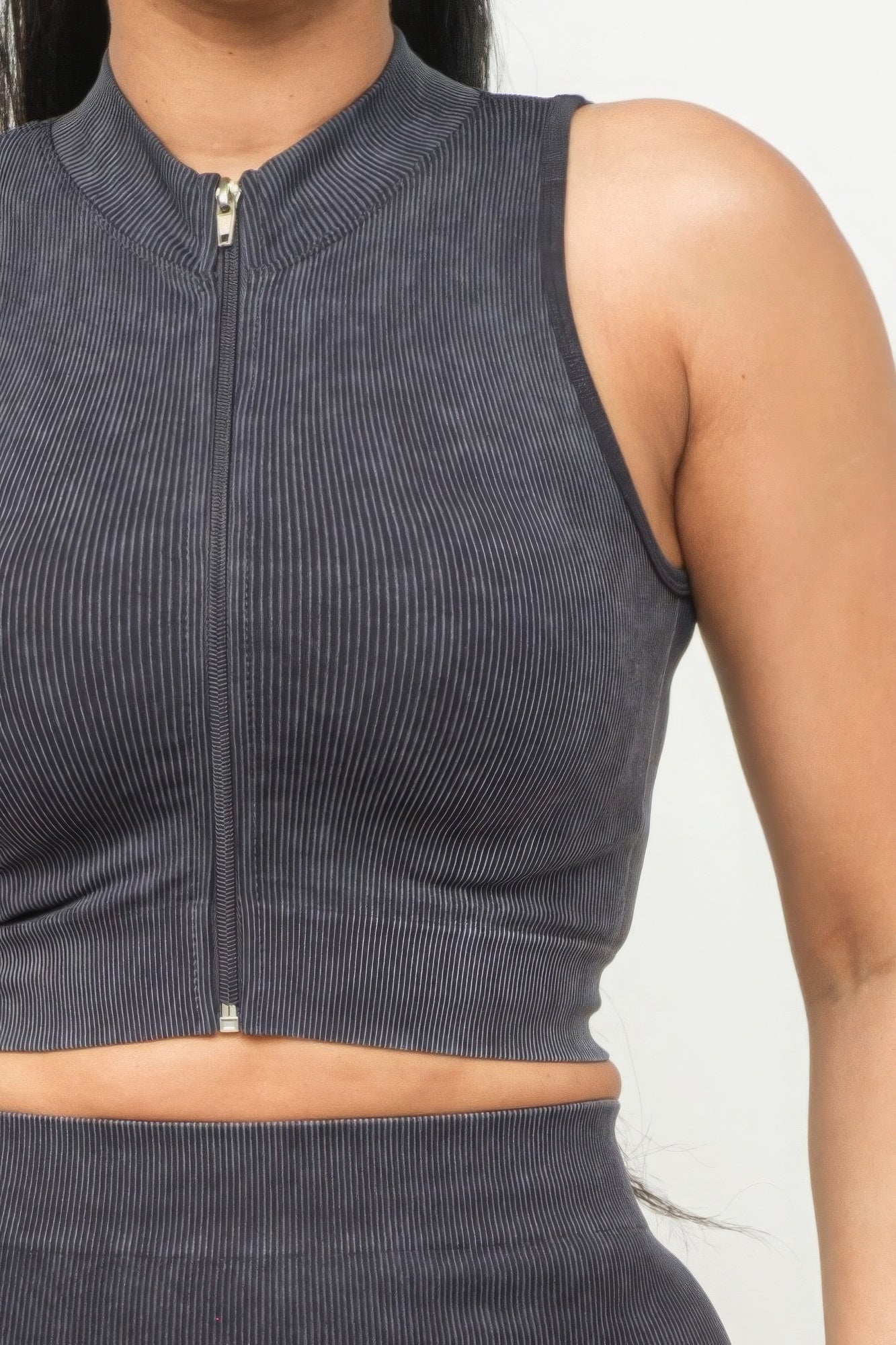 Women's Rib Washed Seamless Zipper Mock Neck Crop Top & Shorts Loungewear Set