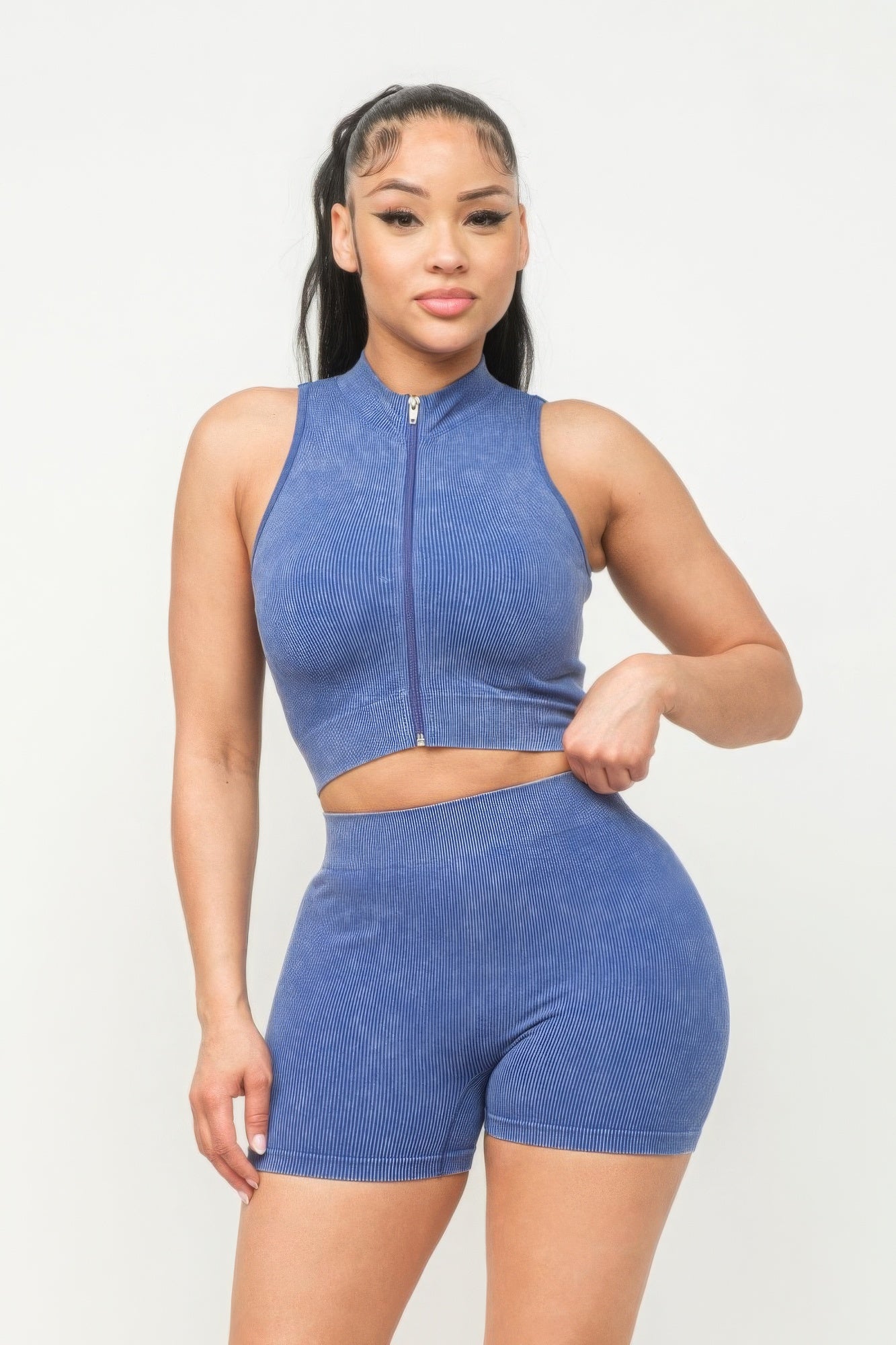 Women's Rib Washed Seamless Zipper Mock Neck Crop Top & Shorts Loungewear Set