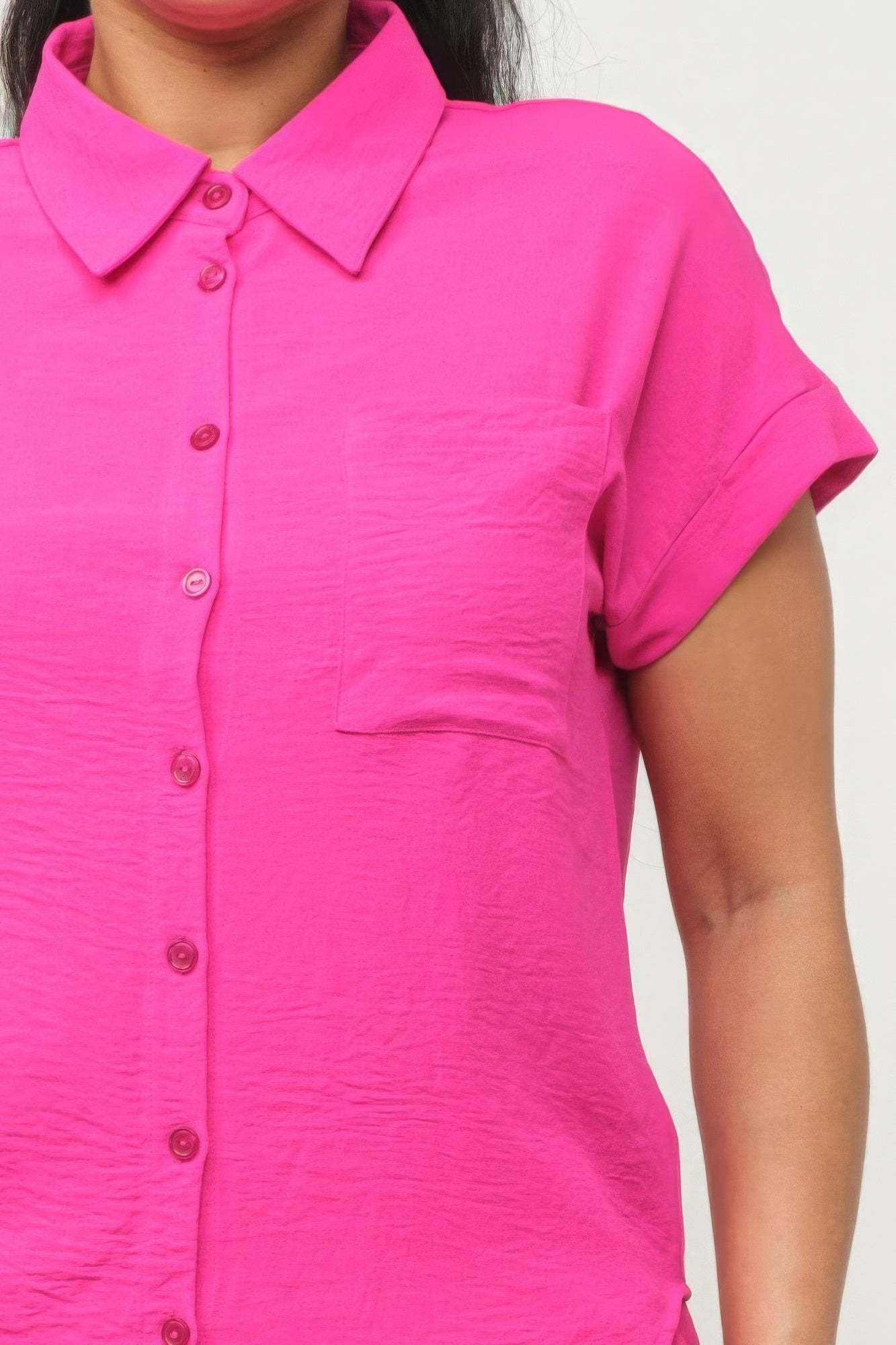 Women's Dolman Collared Button Down Shirt Top & Shorts Set Loose Fit Pockets