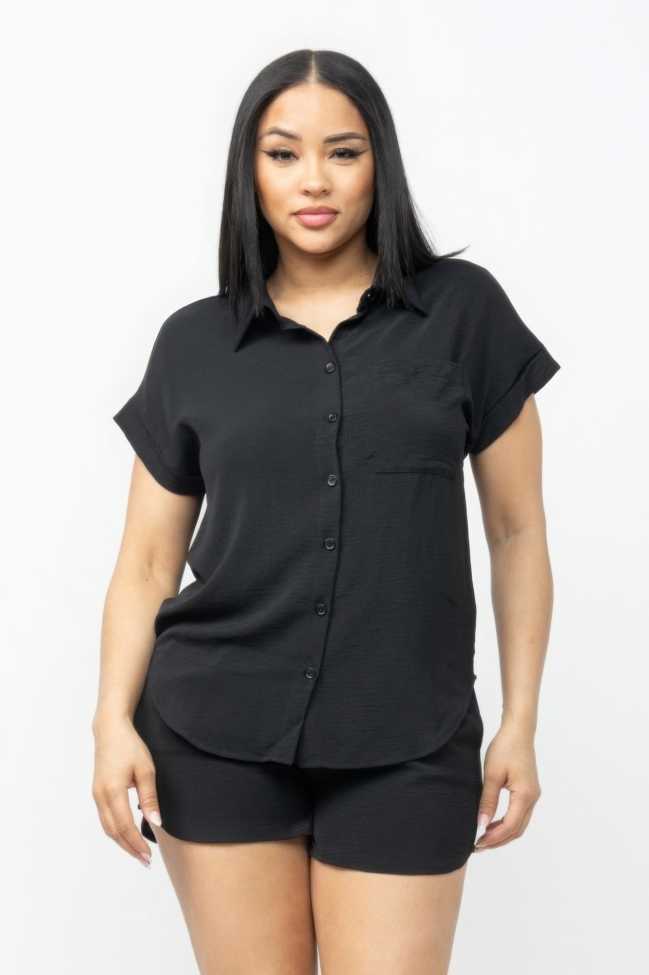 Women's Dolman Collared Button Down Shirt Top & Shorts Set Loose Fit Pockets