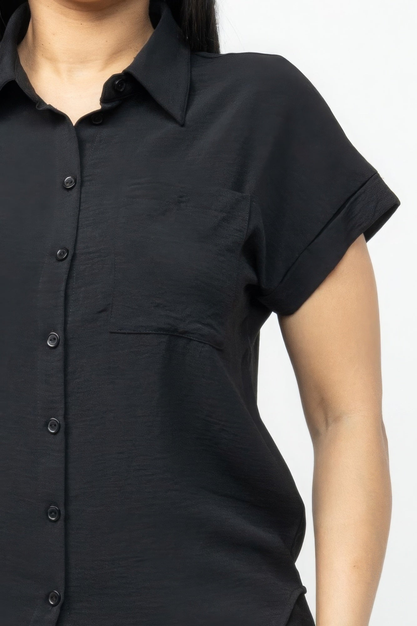 Women's Dolman Collared Button Down Shirt Top & Shorts Set Loose Fit Pockets