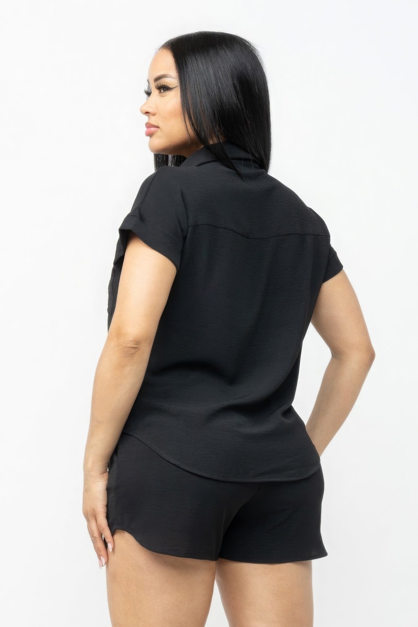 Women's Dolman Collared Button Down Shirt Top & Shorts Set Loose Fit Pockets