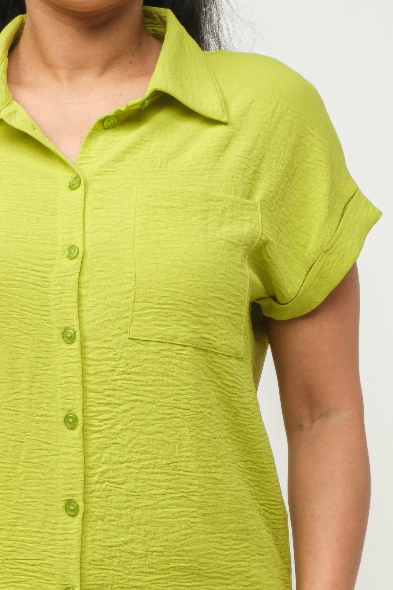 Women's Dolman Collared Button Down Shirt Top & Shorts Set Loose Fit Pockets