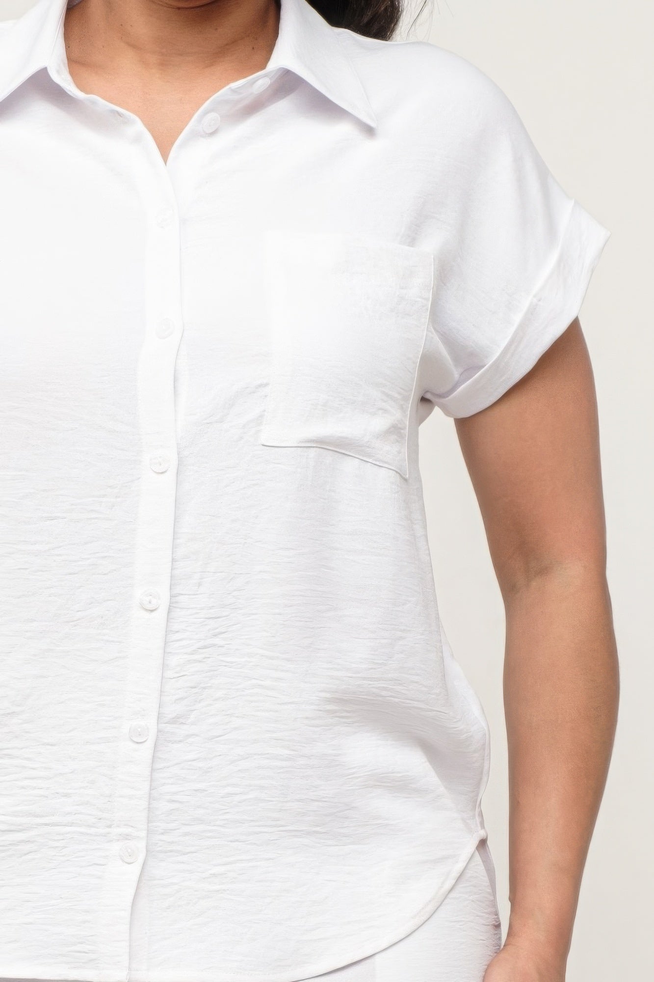 Women's Dolman Collared Button Down Shirt Top & Shorts Set Loose Fit Pockets